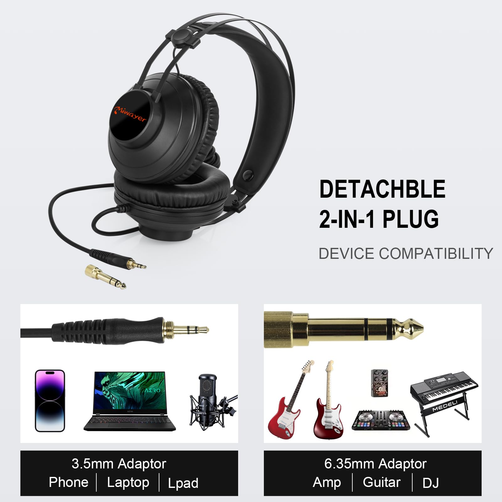 Miwayer Auriculares de monitor de estudio 3M con cable profesional con cables desmontables de 3,5 mm o 6,35 mm para estudio, música, DJ, amplificador, podcast, mezclador, portátil, PC