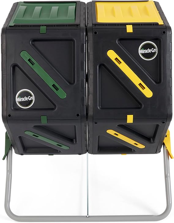 Miracle-Gro Dual Chamber Compost Tumbler Easy-Turn, Heavy-Duty Outdoor Bin Composter with 2 Sliding Doors (2x18.5 Gal/70L