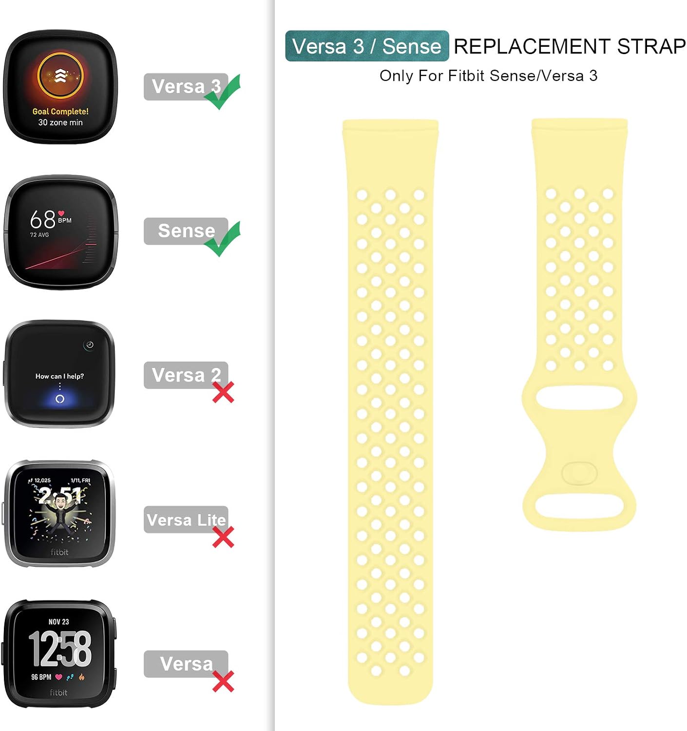 POY Compatible with Fitbit Versa 3 Bands/Fitbit Sense Bands, Breathable with Air Holes Sport Straps Replacement Wristbands for Women Men, Yellow Small