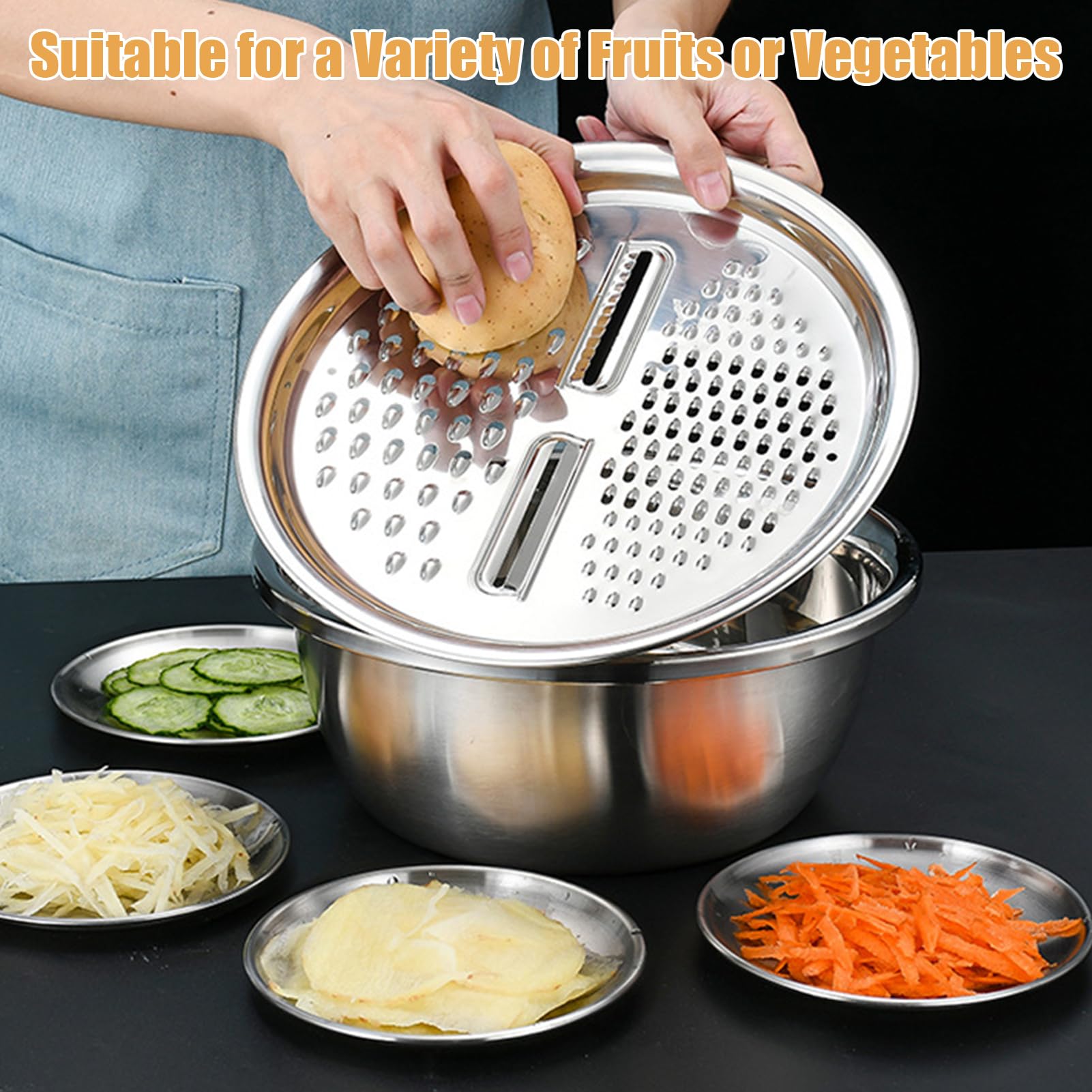 GERMANY Multifunktionales Edelstahlbecken, 3 in 1 Multifunktionales Edelstahlbecken Sieb Set, Küchenreibe Set, Sieb und Abflusskorb für Gemüse 26.0 cm