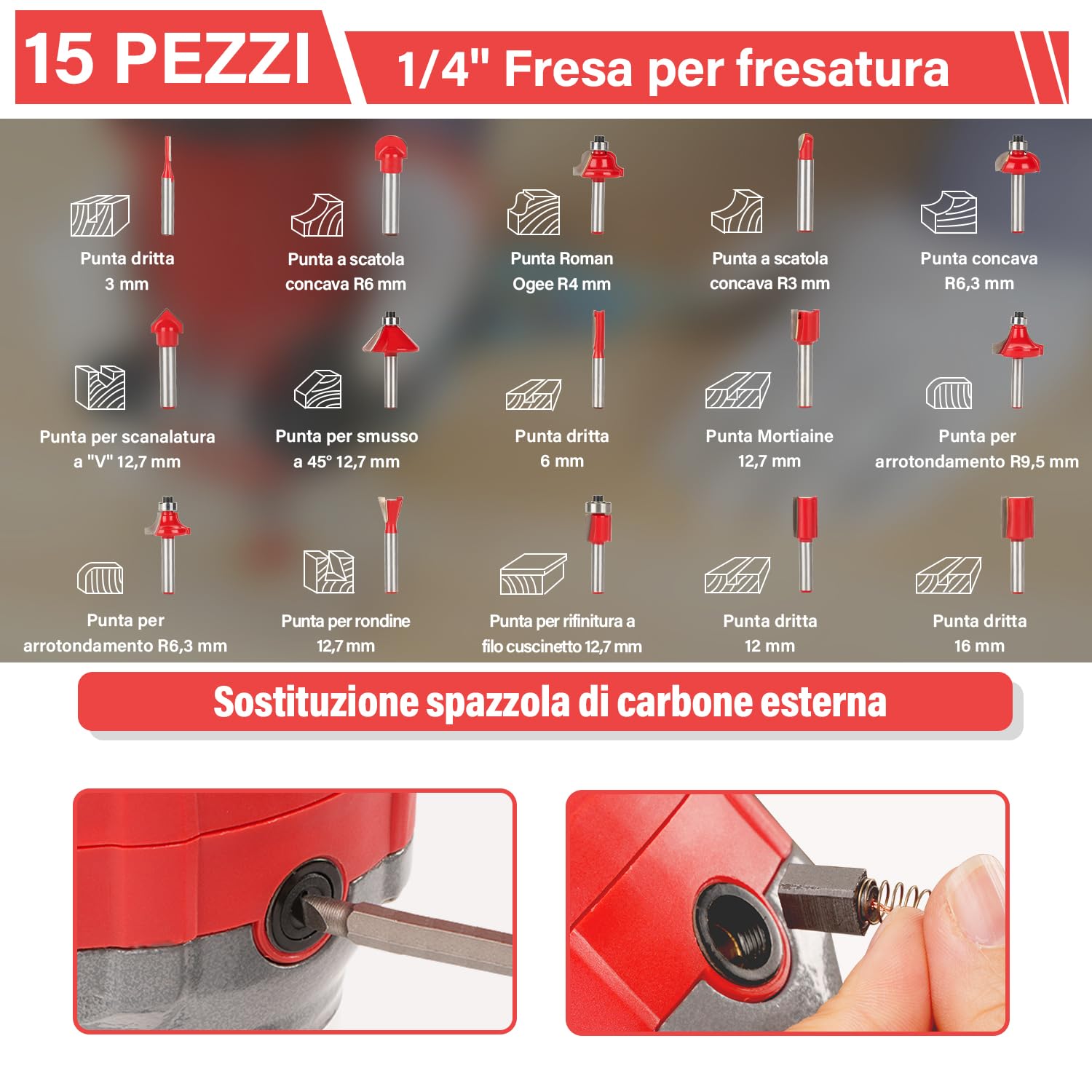 TEENO Rifilatore Fresatrice Verticale per Legno 800W 13000-33000 RPM, Legno Rifilatrice Elettrica Con 15 pezzi 1/4" Fresatura Cuter, 6 Velocità Variabili, Mandrino 6/6.35/8mm,SCATOLA DI PLASTICA