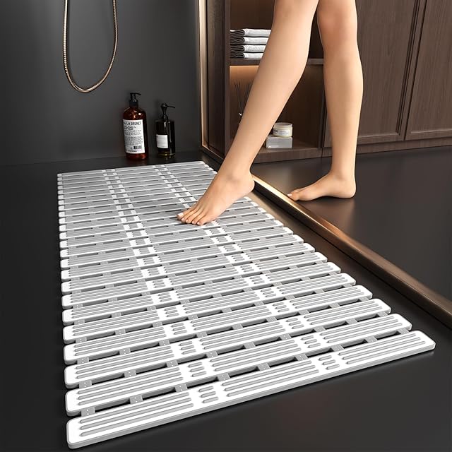 XIYUNTE Bath Mat Non Slip Anti Mould - 90x40cm Extra Long Bathtub Mats Non Slip Shower Mats for Inside Shower, Rubber Shower Anti Slip Mat with Suction Cups, Machine Washable, Cut to Size, Grey