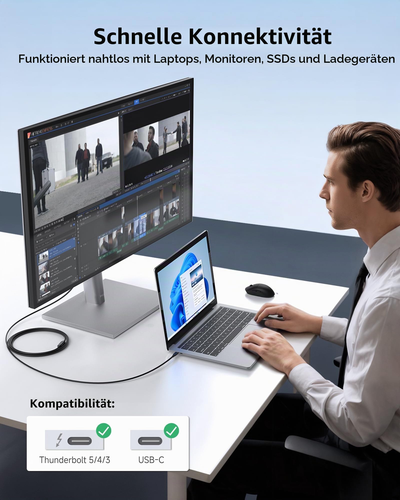 Cable Matters aktives USB C Monitor Kabel mit 8K, 10Gbps Daten und 60W, 3m | USB C Video Kabel, Daten und PD für tragbare Monitor, Oculus Quest/Oculus Quest 2 VR Brille und mehr