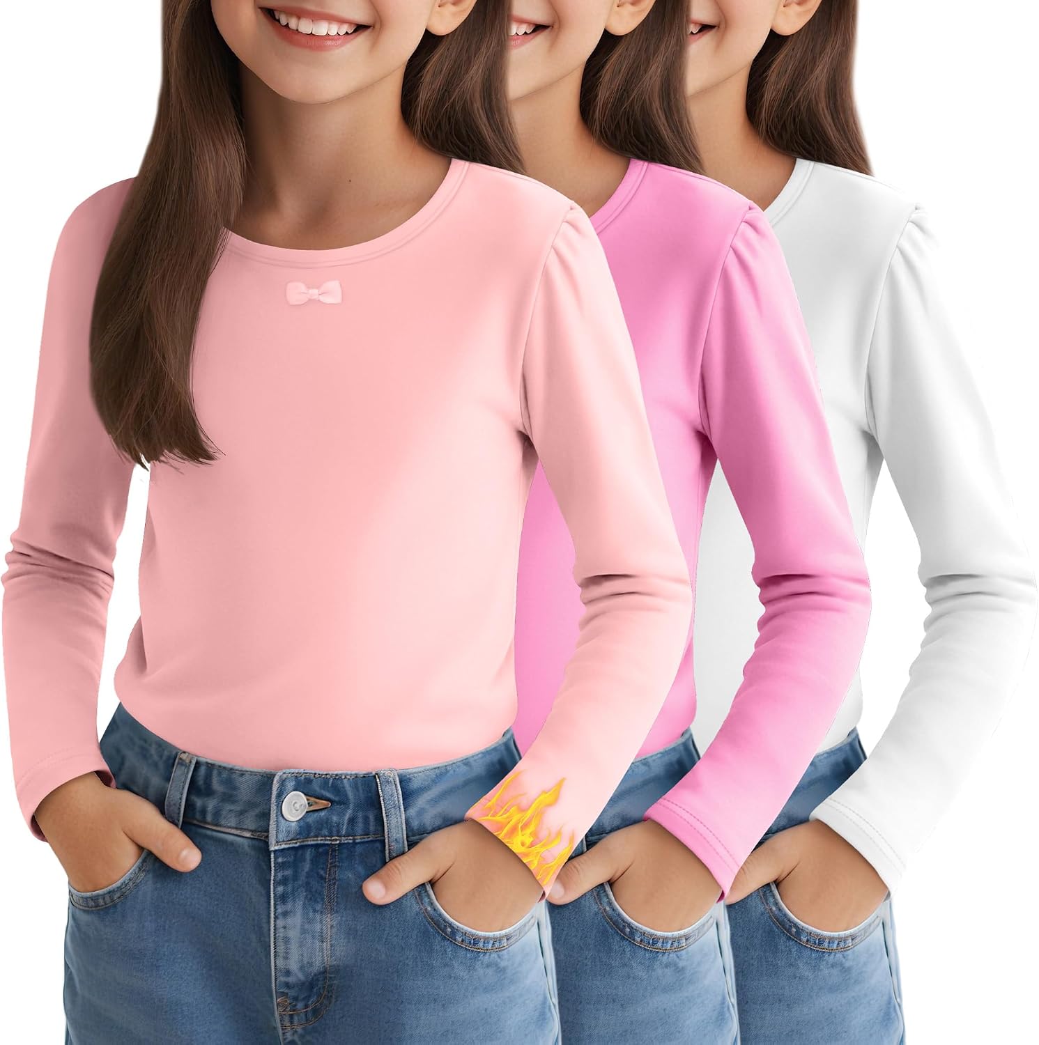 3 Pack Girls Thermal Top Fleece Lined Long Sleeve Crew Neck with Bow Undershirt Kids Basic Base Layer Shirts