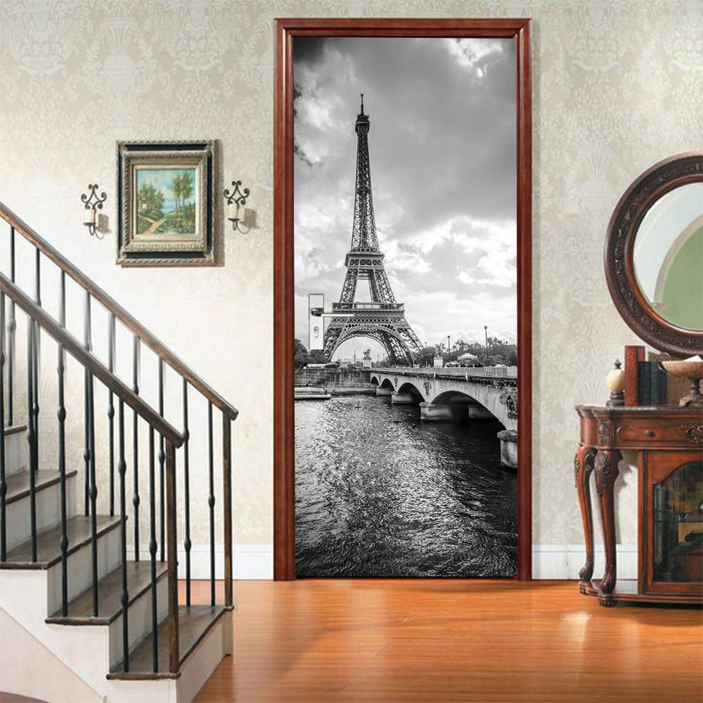 Sticker Porte Trompe L'Oeil 3D Tour Eiffel Noir Et Blanc 77x200cm - Autocollant Amovible EKSDG