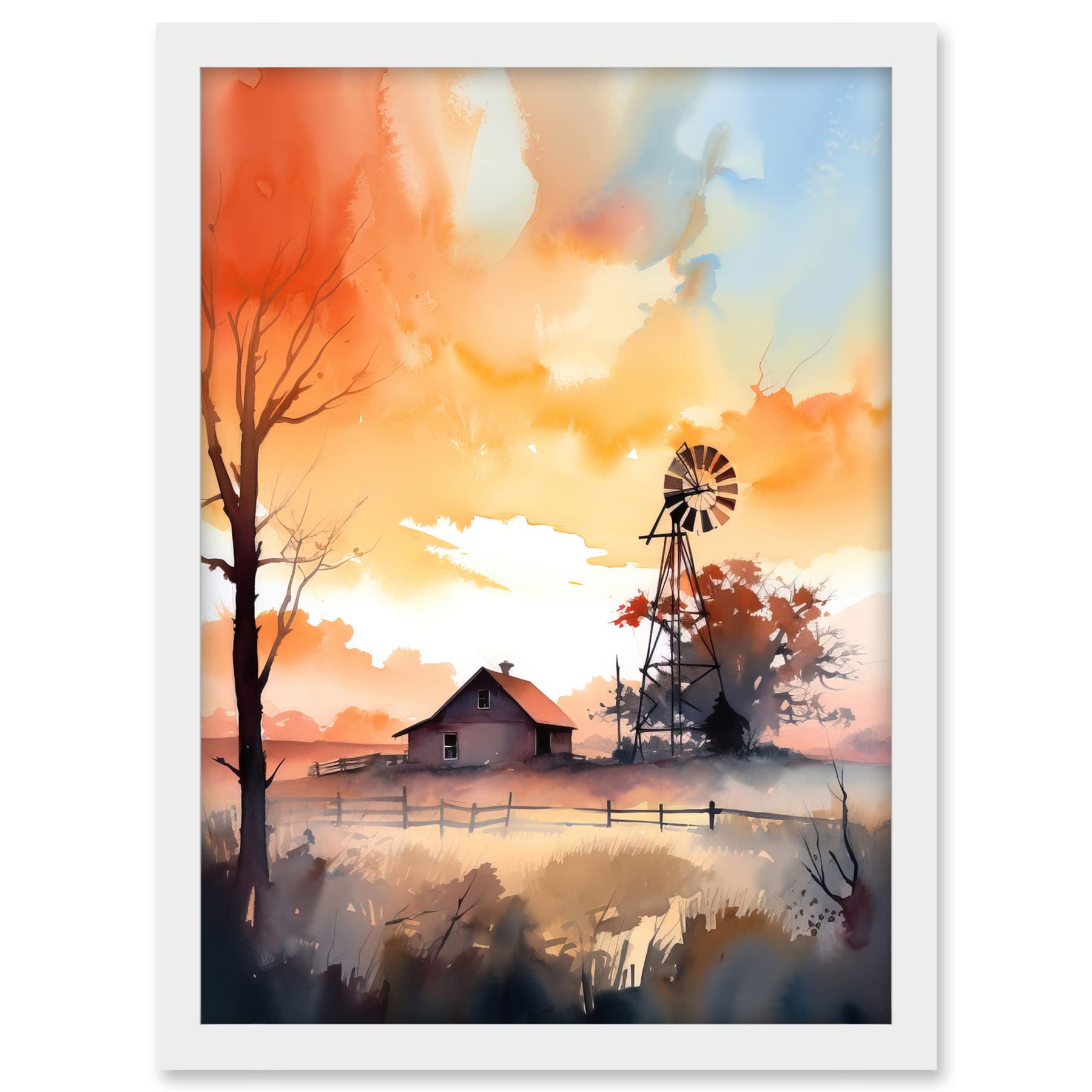 Artery8 Sunrise Clouds over Countryside Farmhouse Cabin with Old Windmill Tower Modern Watercolour Painting Artwork Framed A3 Wall Art Print