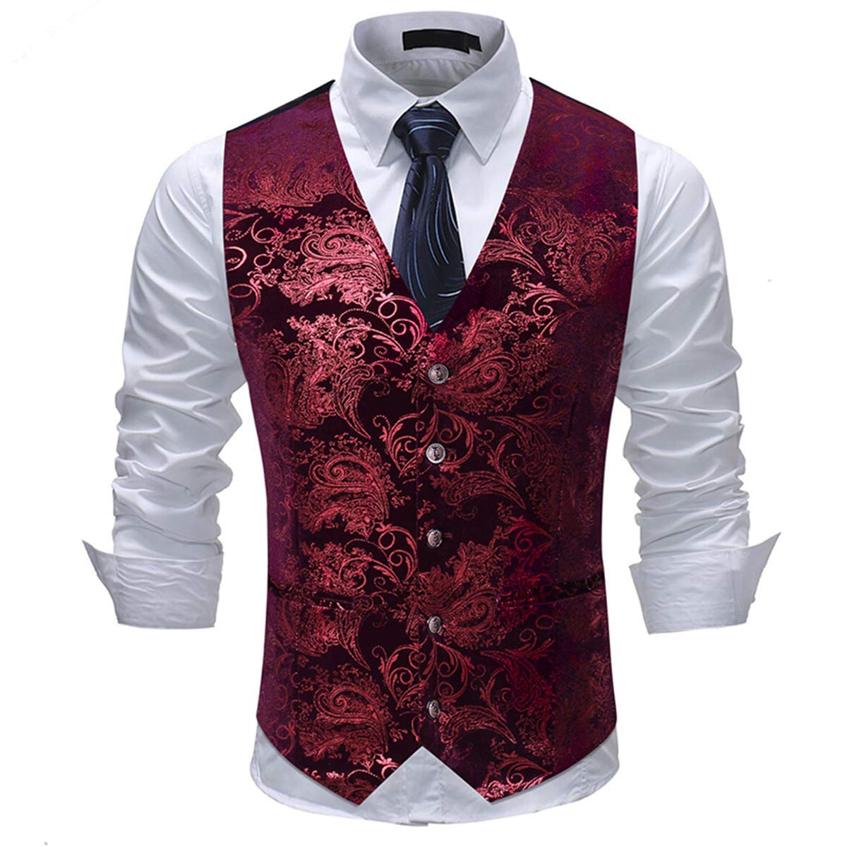 Allthemen Gilet Homme Classique Paisley Floral Jacquard Gilet Mariage Luxe Soirée Slim Fit Gilet de Costume pour Homme