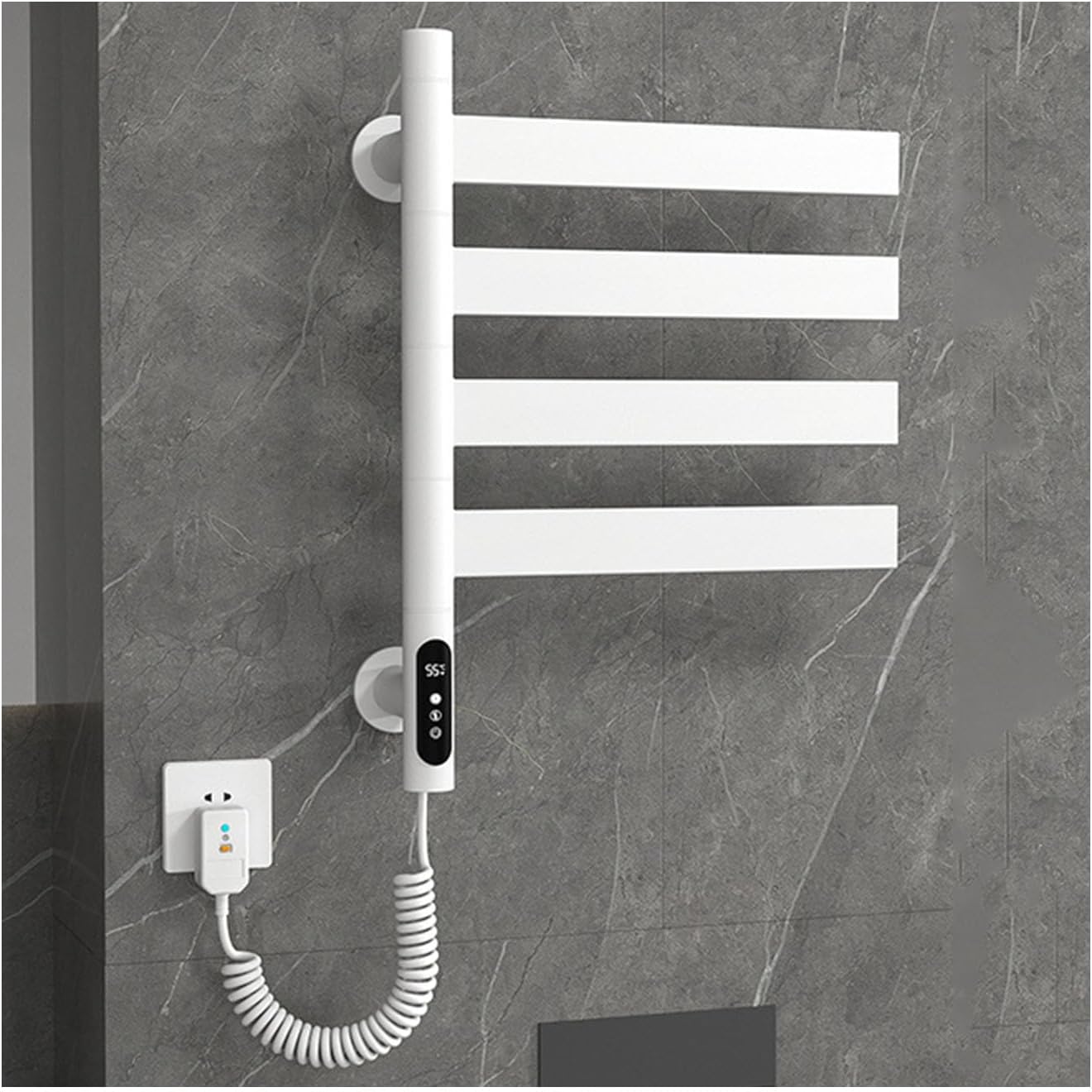 White Electric Towel Drying Rack – 4 Rods Rotating with Timer Wall Mounted Heated Stainless Steel Rack for Bathroom Efficient Towel Warmer Space-Saving Design