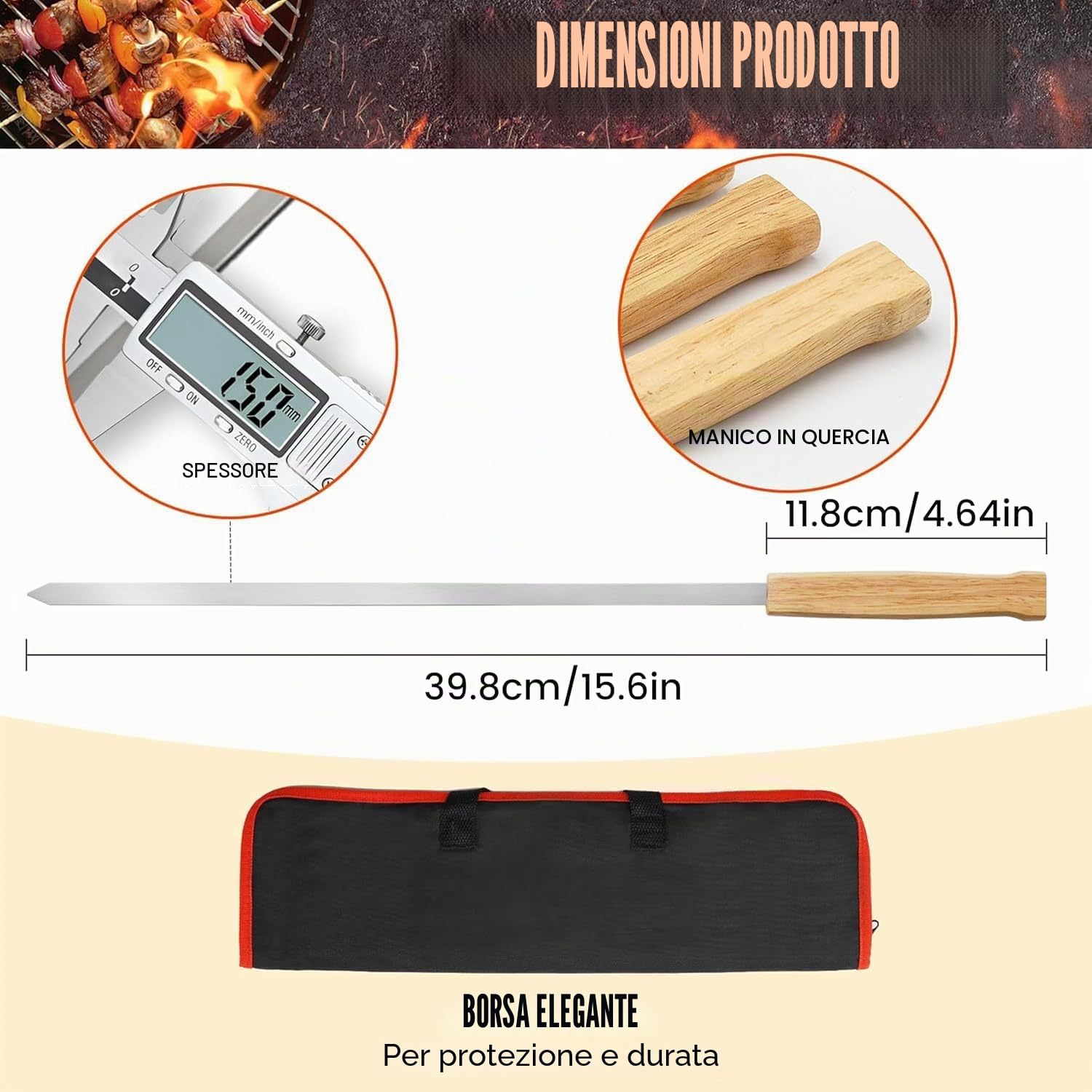 8 Pezzi Spiedini in Acciaio Inox con Manici in Legno di Faggio, Spiedini Barbecue Lunghi 42 cm, Spiedo per Barbecue Riutilizzabili, Accessori Barbecue per Verdure, Carne e Salsicce