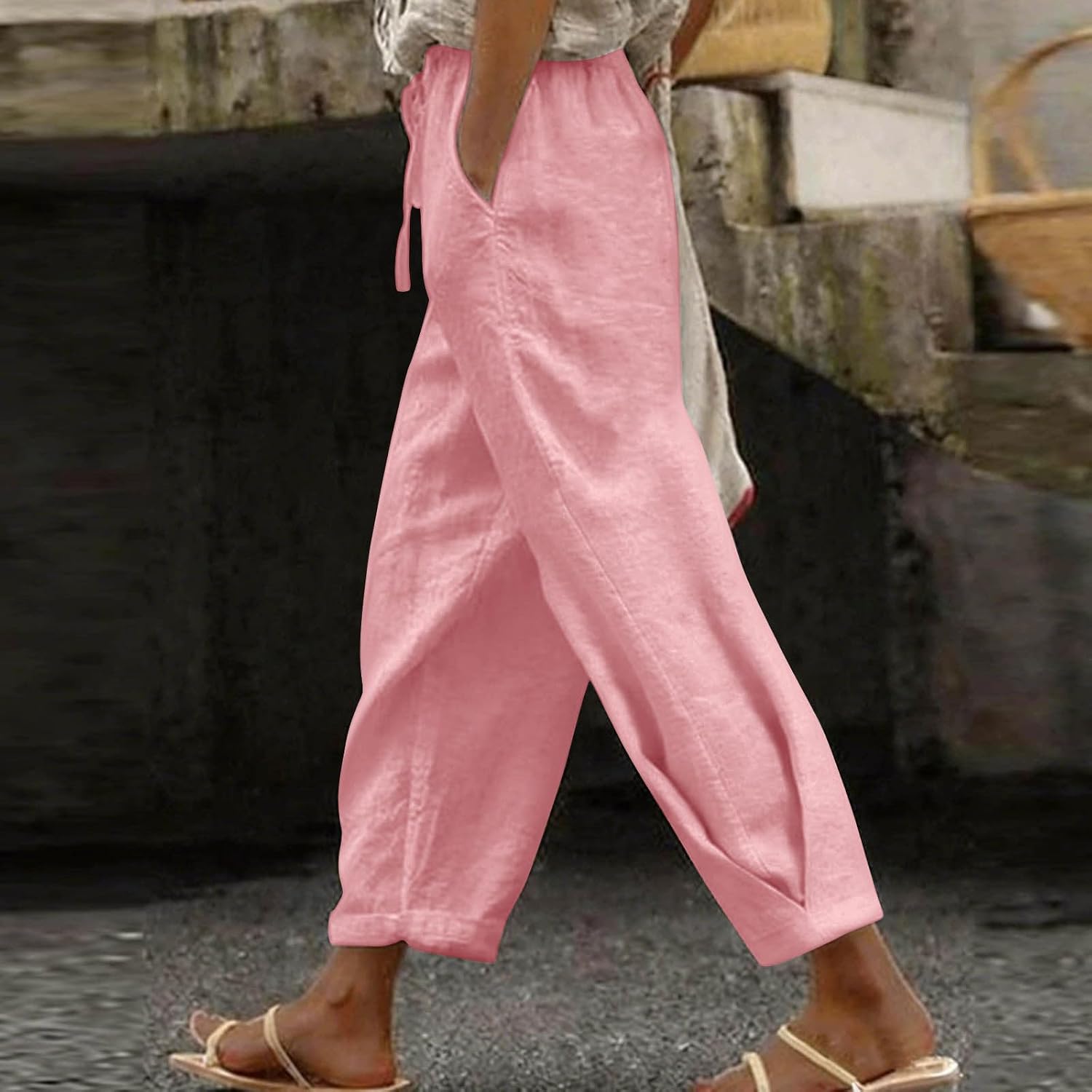 Boho Wide Leg Linen Pants for Women Drawstring Waist Summer Casual Pleated Loose Fit Beach Vacation Long Trousers