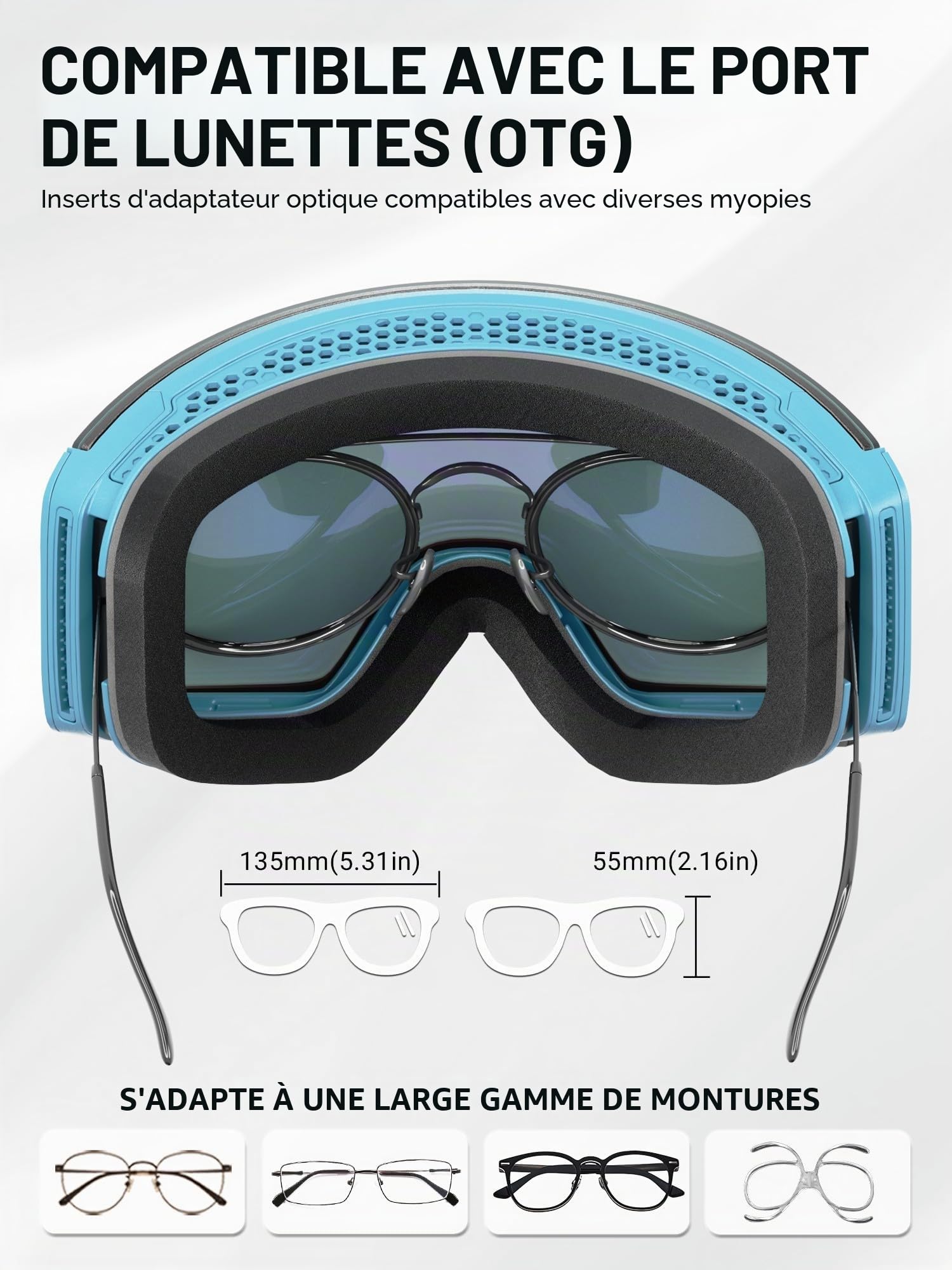 KAPVOE Masque de Ski OTG pour Homme et Femme Anti-buée Lunettes de snowboard à Verres Magnétiques Interchangeables, Protection UV400 Pour Sports D’hiver K718