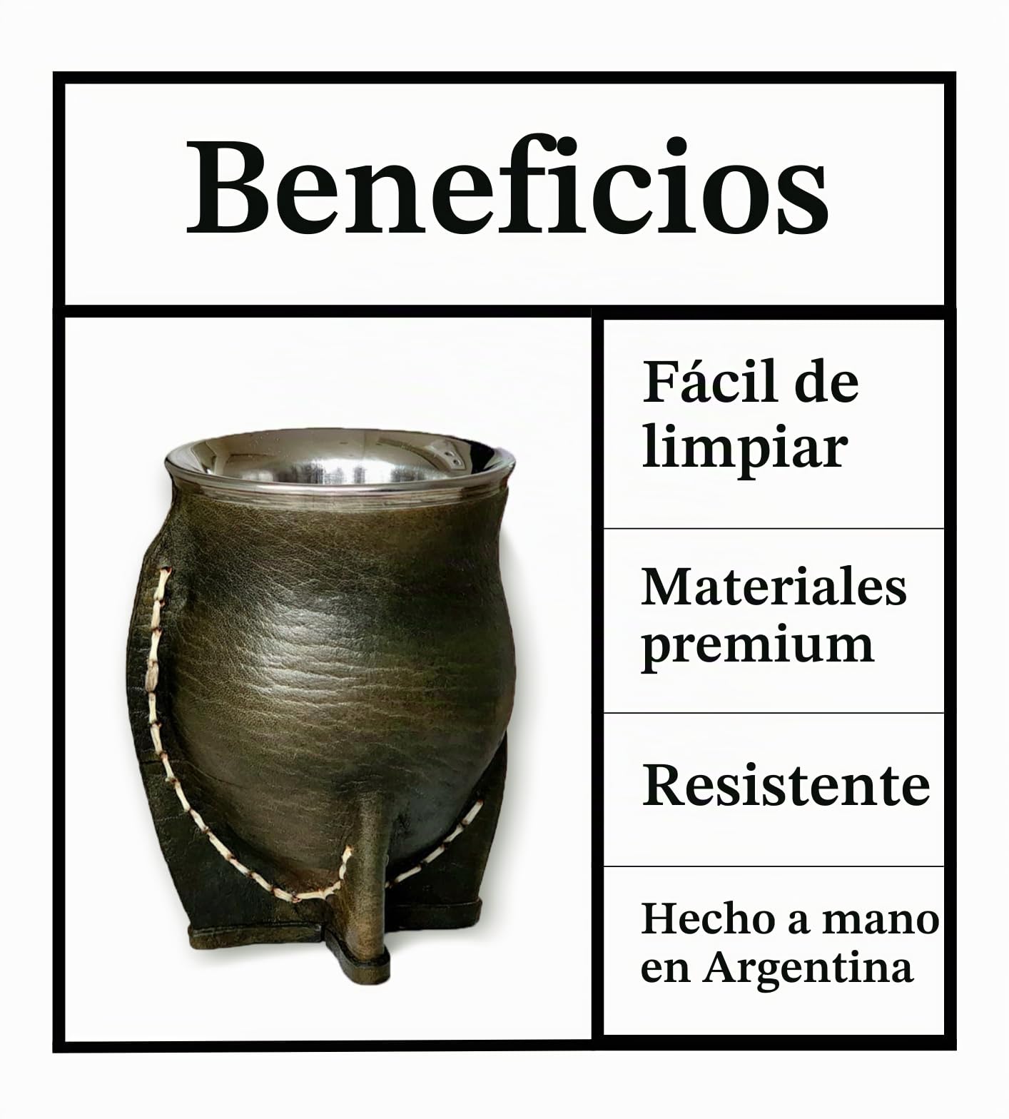 Taza Mate Argentino Tradicional, Mate Térmico de Acero Inoxidable Doble Pared con Exterior de Cuero Verde Militar, Yerba Mate Cup, Incluye Bombilla