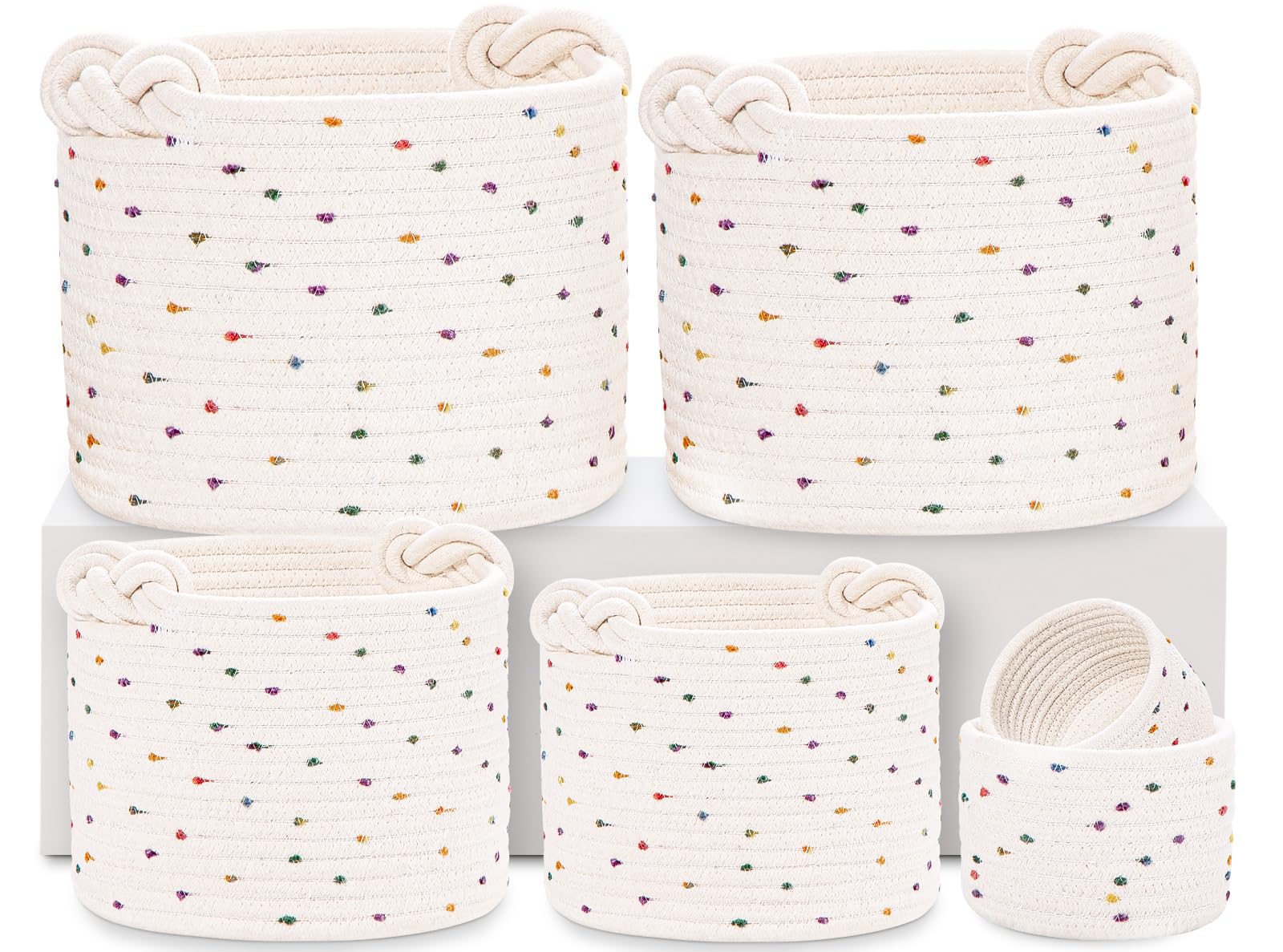 HLWDFLZ 6-Piece Decorative Storage Rope Basket Set– Woven Rope Baskets for Storage Organization, Small Basket for Nursery Baby Stuff, Gift Baskets, Toy Basket, Boho Basket (Off White/Colorful Pompom)