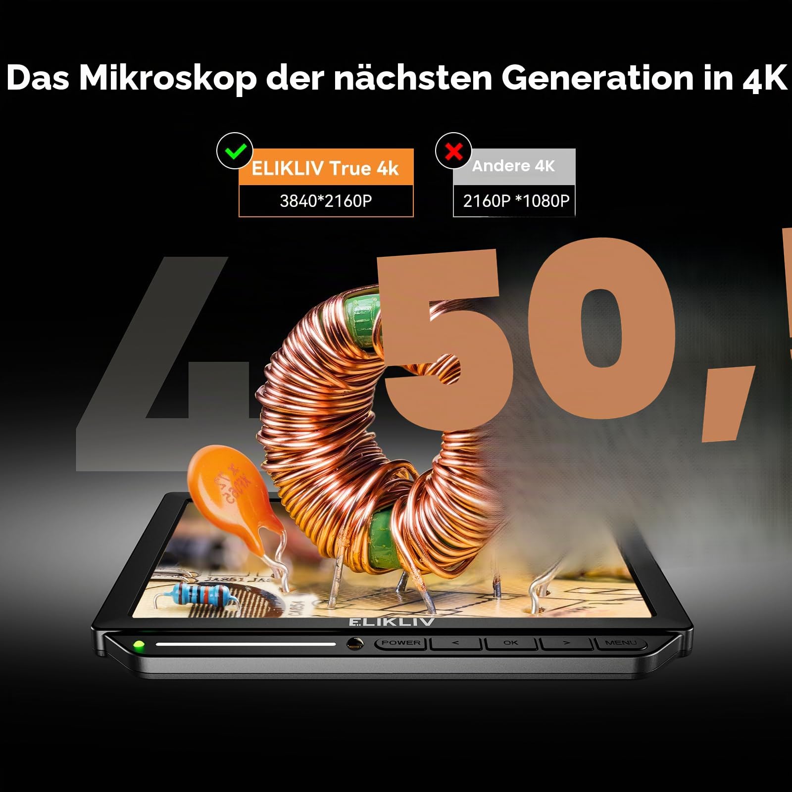 Elikliv EM4K Flex 4K Löt Digitalmikroskop 2000x, Flexibler Armständer, 10,1" HDMI Mikroskop mit Ringlicht, 52MP Ganzmünzenmikroskop, LCD Mikroskop für Erwachsene, Elektronikreparaturmatte, 16G