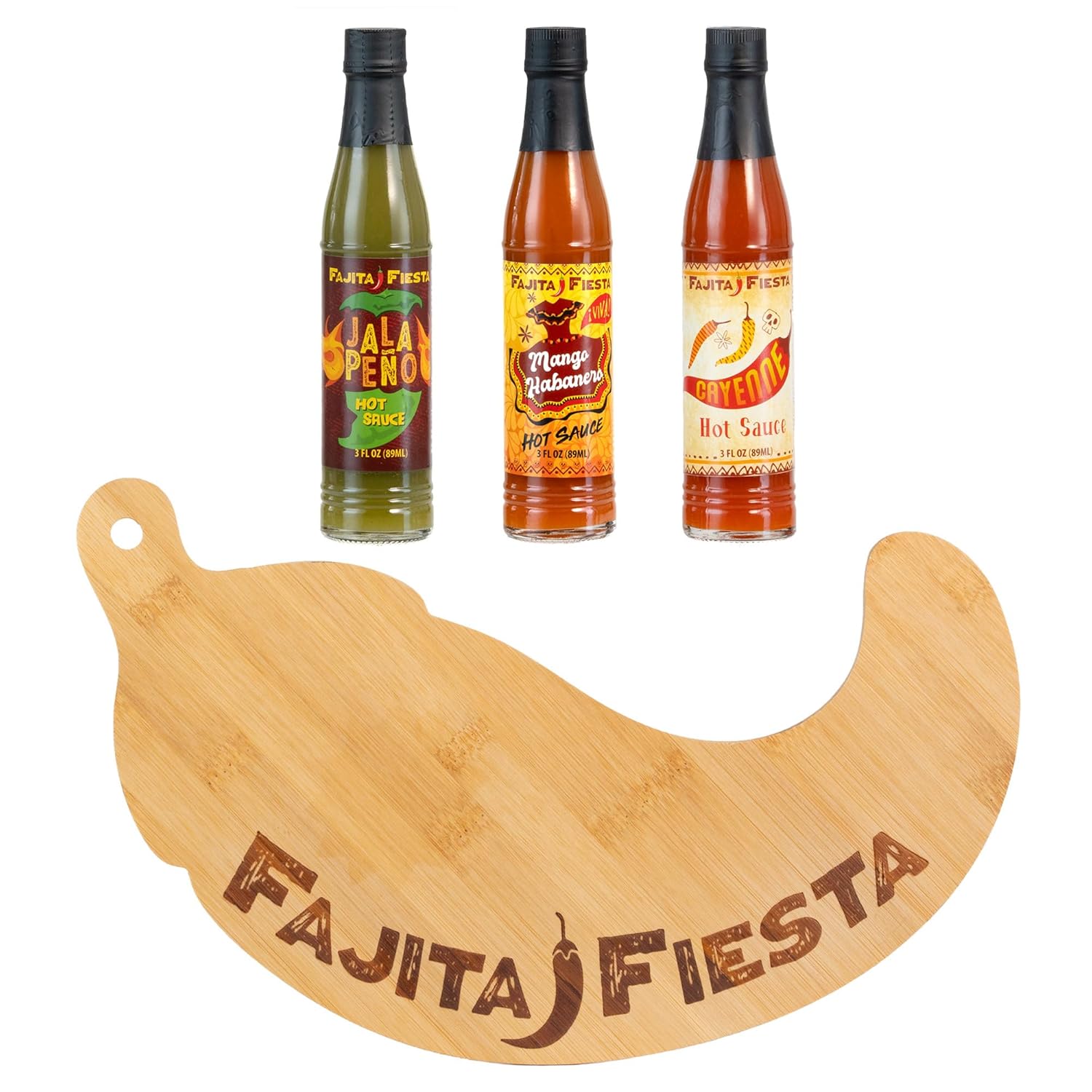 Fajita Fiesta Pepper Board Gift Set with Hot Sauces, 3ct - Great gift idea for Cinco de Mayo Celebrations, Father's Day, or Birthdays! - Flavors Include Jalapeno, Chipotle and Cayenne, Gifts for Men