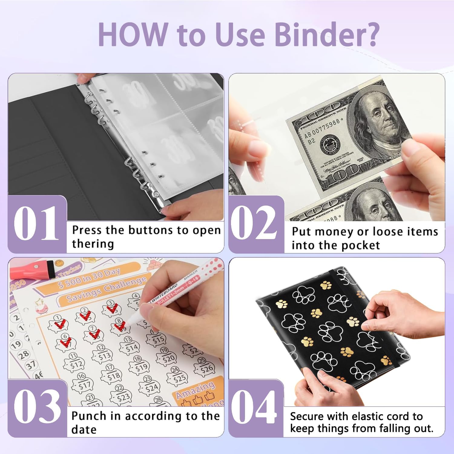 100 Envelopes Money Saving Challenge Binder, A5 Budget Binder with 25 pcs Cash Envelopes, 3 pcs Reusable Laminated Trackers Saving $5050, $500, $10000, Money Organizer,Cute Dog Paw Prints Gold White