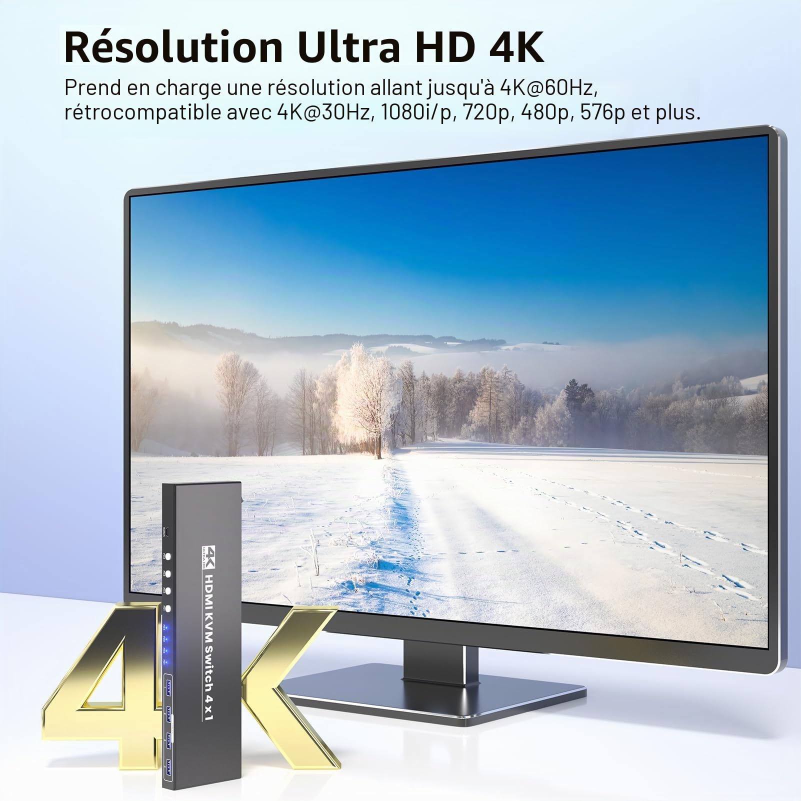Commutateur KVM HDMI 4 PC 1 moniteur, USB 3.0 4K/60Hz 4 ports HDMI KVM Switch pour 4 PC pour une utilisation commune de 1 moniteur, clavier, souris et autres appareils USB