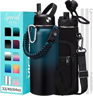 32oz/40oz/64oz Insulated Water Bottles - with Straw & Flip Auto Lid, Stainless Steel Water Bottle Shoulder Carrier Bag, Silicone Boot, BPA-Free Metal Water Bottle with Handle Paracord