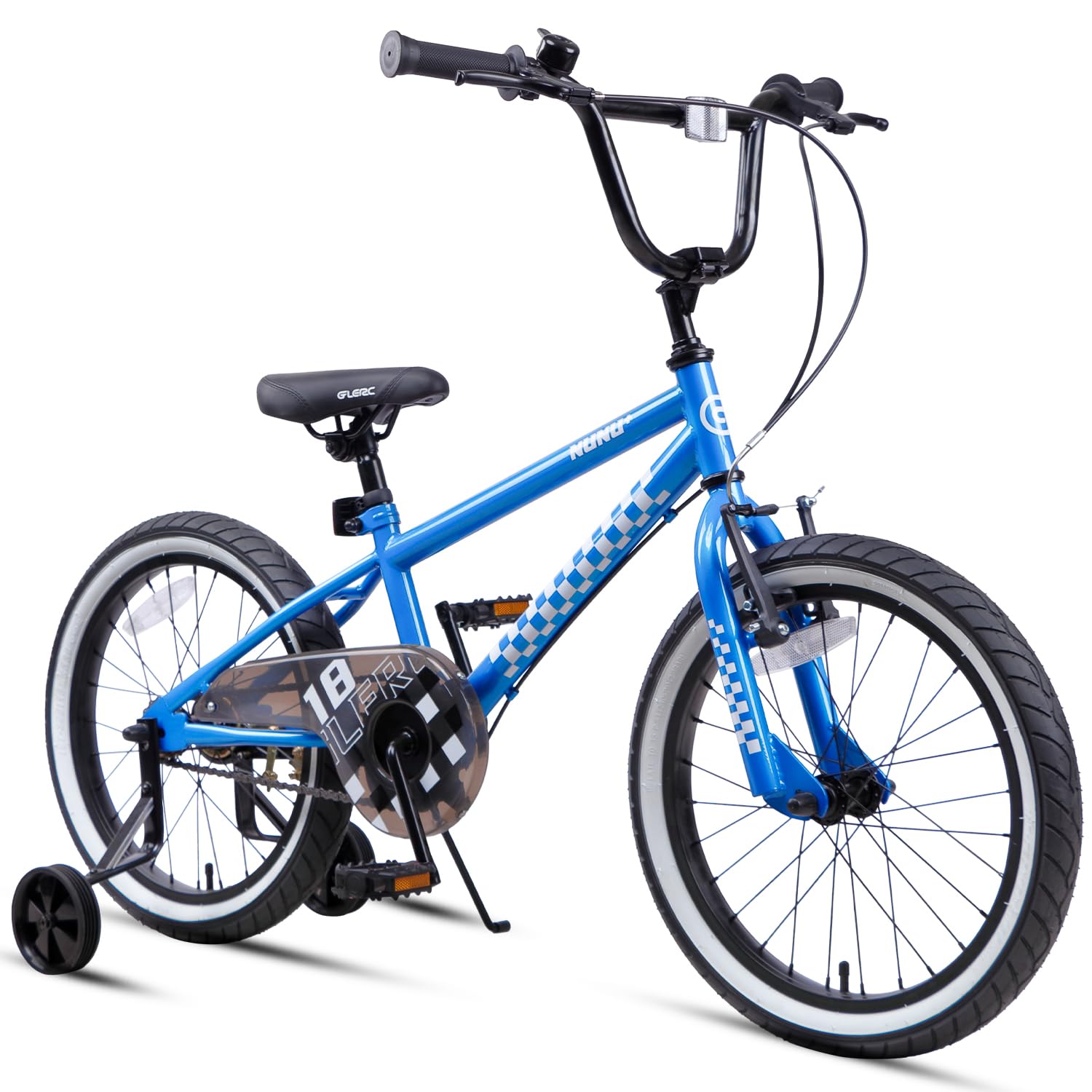 Glerc NuNu 18 Inch Kids Boys Bike BMX Style for 5 6 7 8 9 Years Old, Children Bicycles with Dual Handbrakes, Stabilisers & Kickstand & Adjustable Handlebar/Saddle, Blue