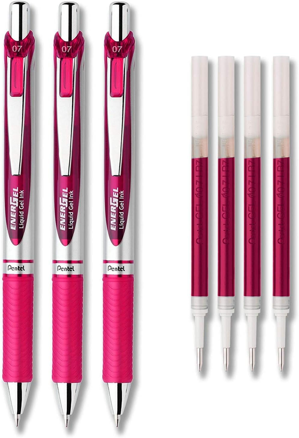 Pentel EnerGel Deluxe RTX Set de Bolígrafos de Gel, Pack de 3 con 4 Recambios (Rosa, 0.7mm)