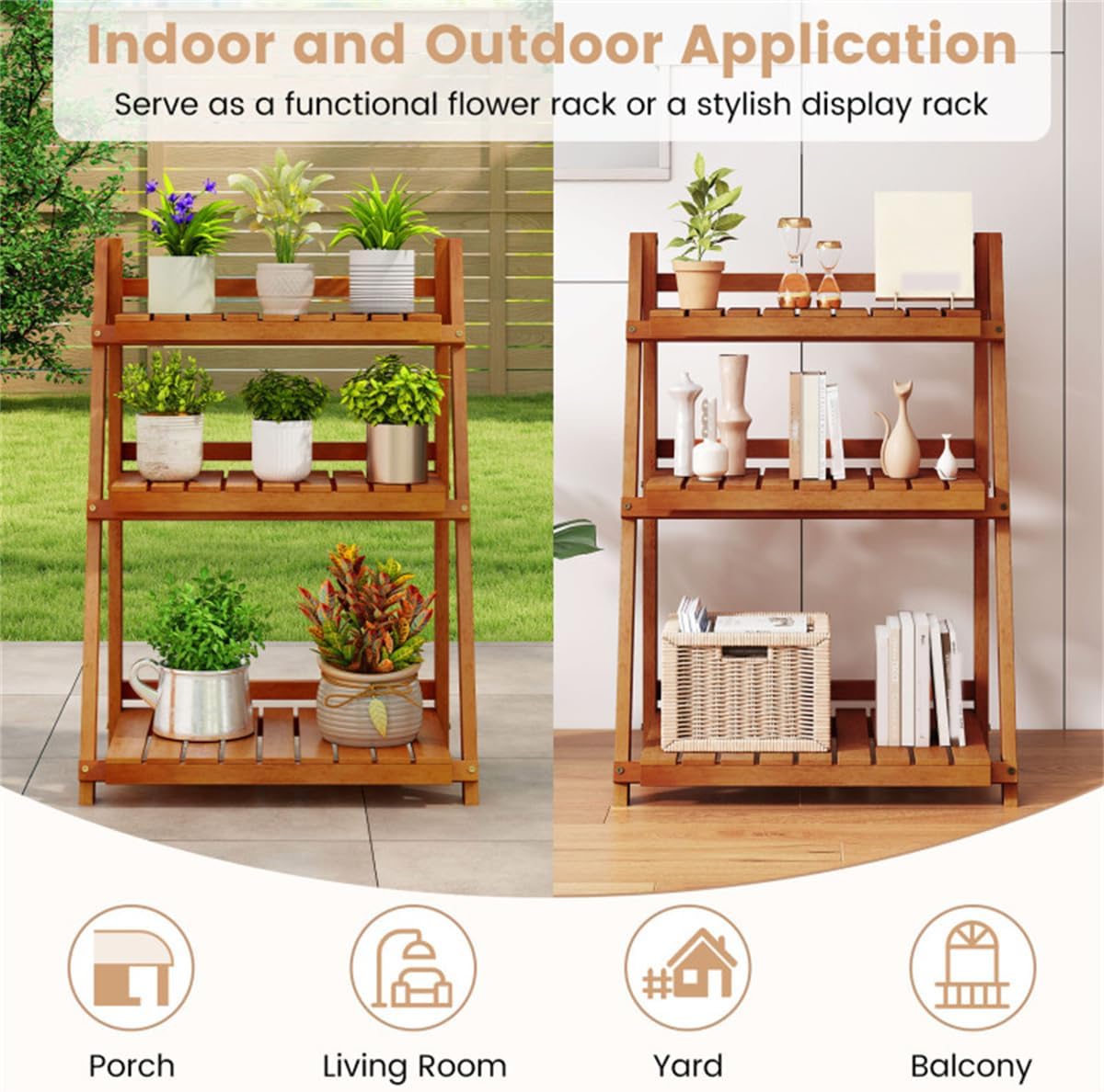3-Tier Acacia Wood Plant Stand, Foldable Ladder Flower Pot Rack for Indoor Outdoor, Multilayer Wood Display Shelf for Balcony Living Room Garden, No Assembly Required, 24" x 15" x 34"