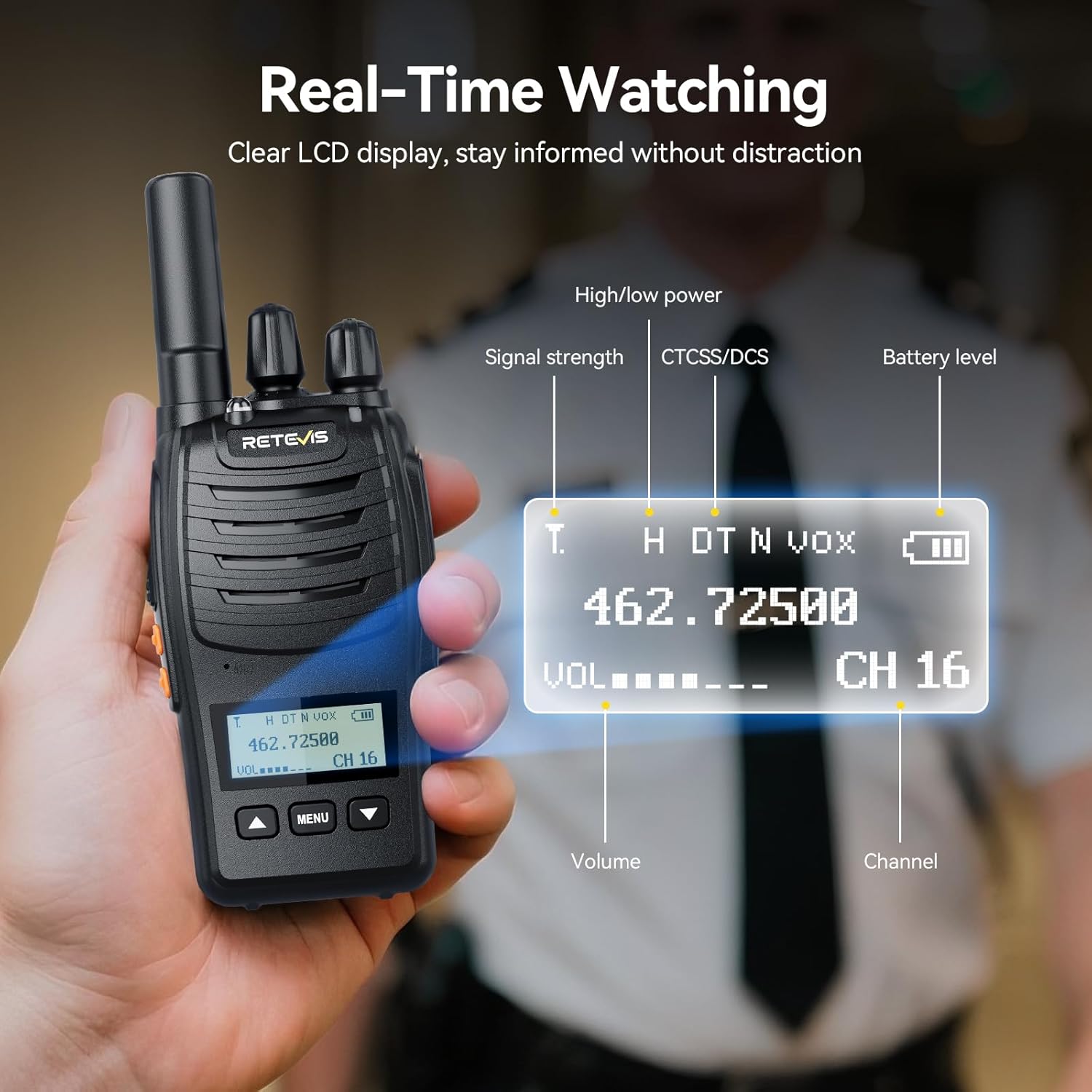 Close-up of the Retevis H777D walkie talkie's LCD display showing channel, volume, signal strength, CTCSS/DCS, and battery level.