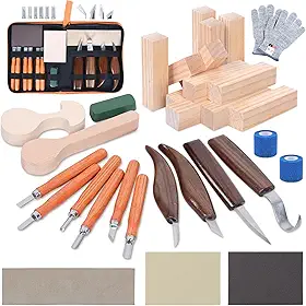 Ninonly Kit de 32 ferramentas de entalhe em madeira, conjunto de facas de corte de madeira para iniciantes, conjunto de facas de entalhe com 12 blocos de tília, kit de marcenaria, hobbies DIY para