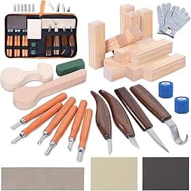 Ninonly Kit de 32 ferramentas de entalhe em madeira, conjunto de facas de corte de madeira para iniciantes, conjunto de facas de entalhe com 12 blocos de tília, kit de marcenaria, hobbies DIY para