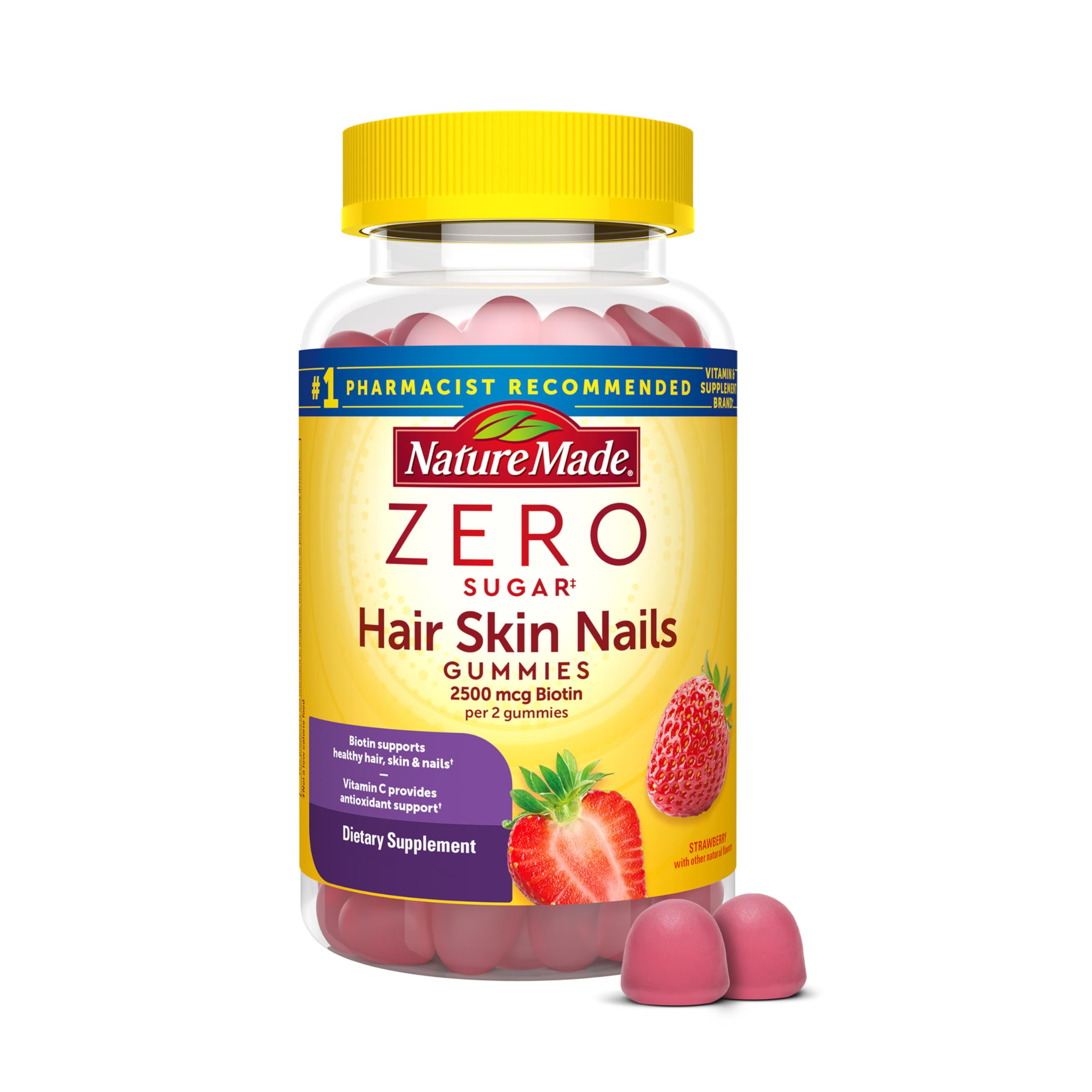 Zero Sugar Hair Skin Nails Gummies, Biotin 2500 mcg per Serving, 120 Sugar Free Gummies, 60 Day Supply