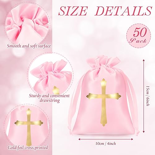 Miniatura 2 de PerKoop 50 bolsas de regalo de satén para bautismo con cordón de 4 x 6 pulgadas, bolsas de dulces para fiesta religiosa, bolsa de regalo de cruz