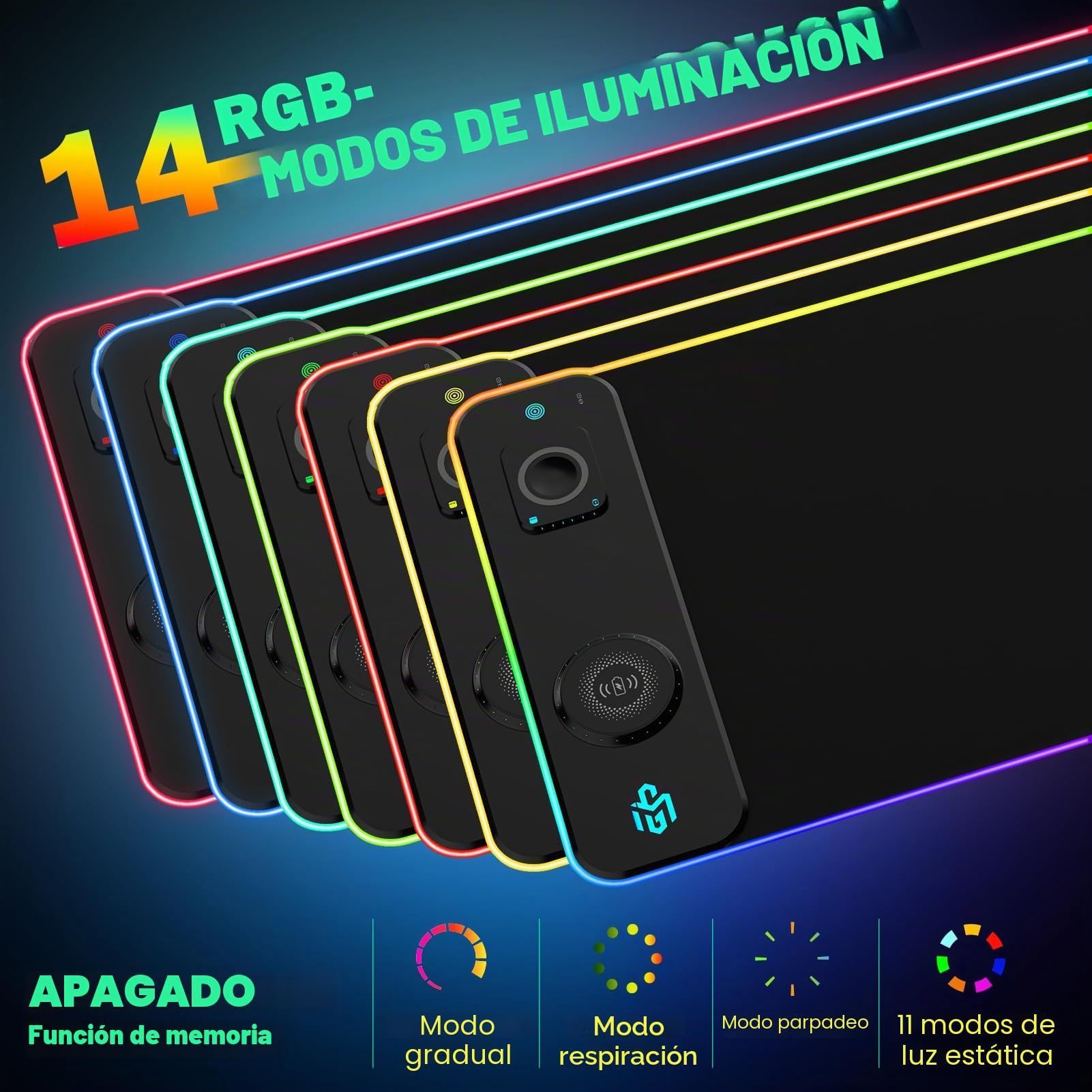 Alfombrilla de ratón RGB Gaming 15W Qi Mousepad LED, 10 modos de iluminación con carga rápida de 15W Qi carga inalámbrica para I-Phone teléfono móvil, auriculares, impermeable, antideslizante para