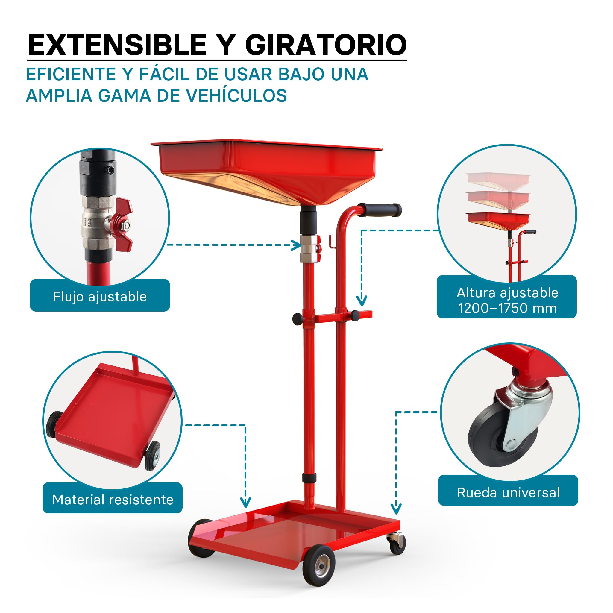 Wiltec Carro recogedor de aceite recolector para aceite usado con embudo ajustable en altura extractor