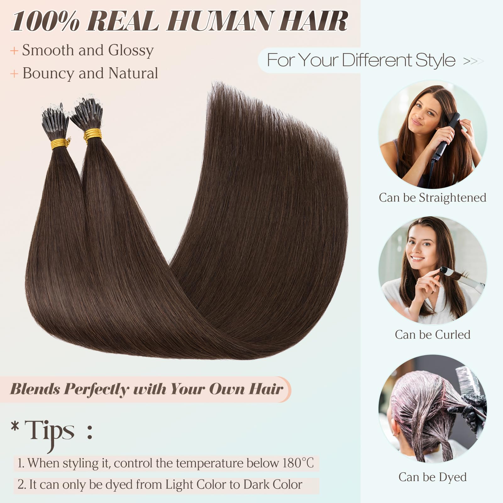 Benehair Nano Hair Extensions Straight Remy #2 Dark Brown Nano Loop Hair Extensions Real Human Hair 16 Inches (35g) - Image 4