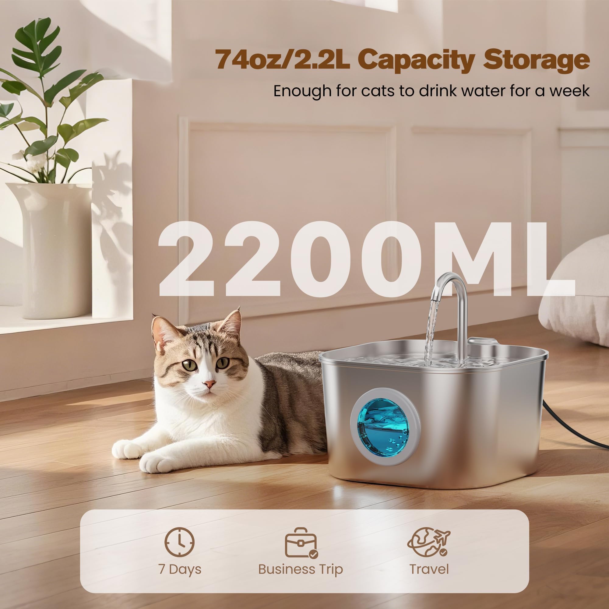 Katzen-Wasserbrunnen mit 8 Filtern + 5 Schwämmen, Kleiner Haustier-Wasserspender für Trinkkatzen, Automatischer Indoor-Metallnapf 24/7 für Laufen und Autos,
