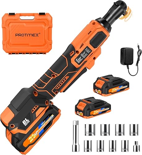 Miniatura 9 de Protmex Llave de trinquete inalámbrica de 3/8'', trinquete eléctrico de 60 pies-libras (80 N.m) con batería de 21 V, 2 x 2.0 Ah, juego de llave de