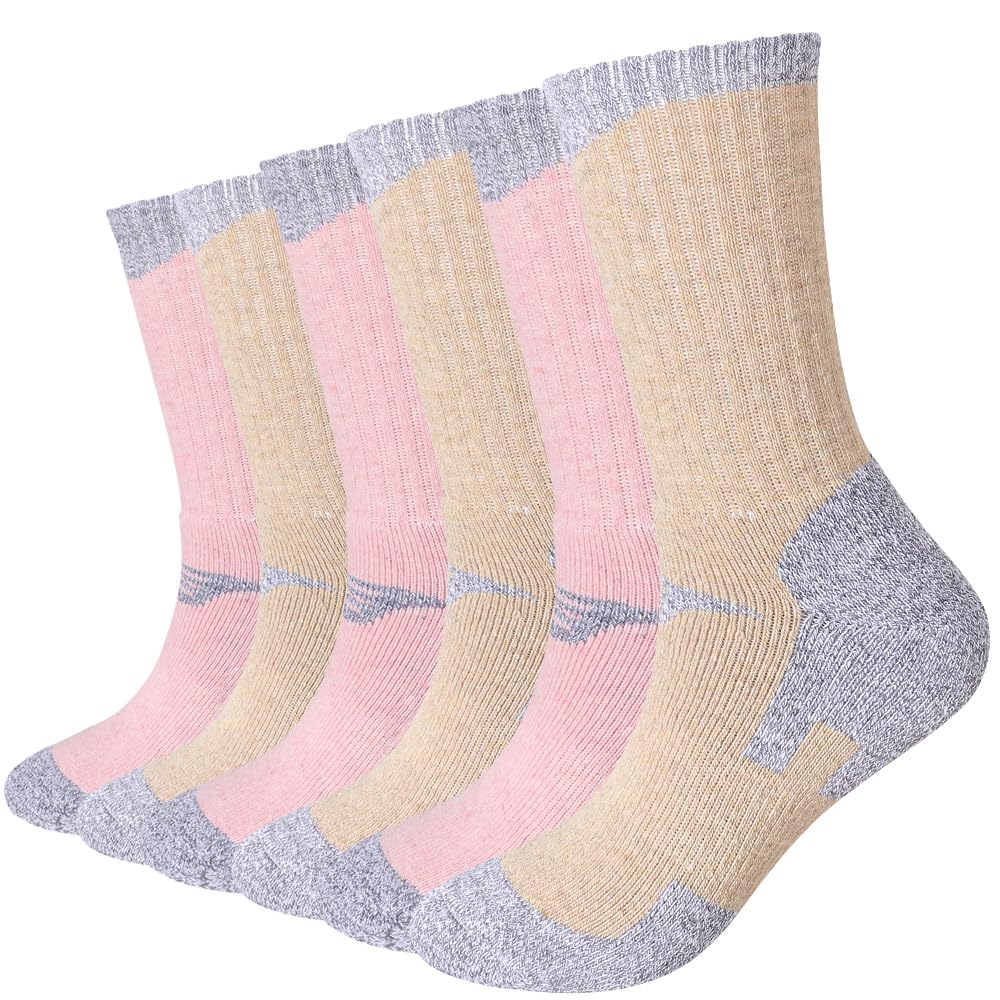 EnerWear 6 Pack Women's Wool Outdoor Hiking Trail Crew Sock (US 9-11, Pink/Khaki)