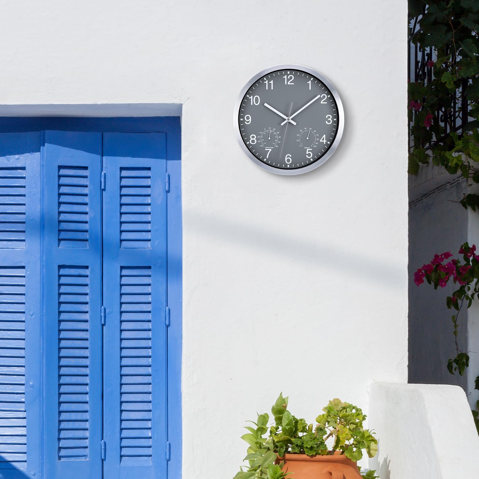 ACCSHINE Reloj de pared impermeable para exteriores – con termómetro e higrómetro, reloj de pared sin tic-tac, silencioso, 30 cm, cuarzo a pilas, grande, Deco de jardín (color gris)