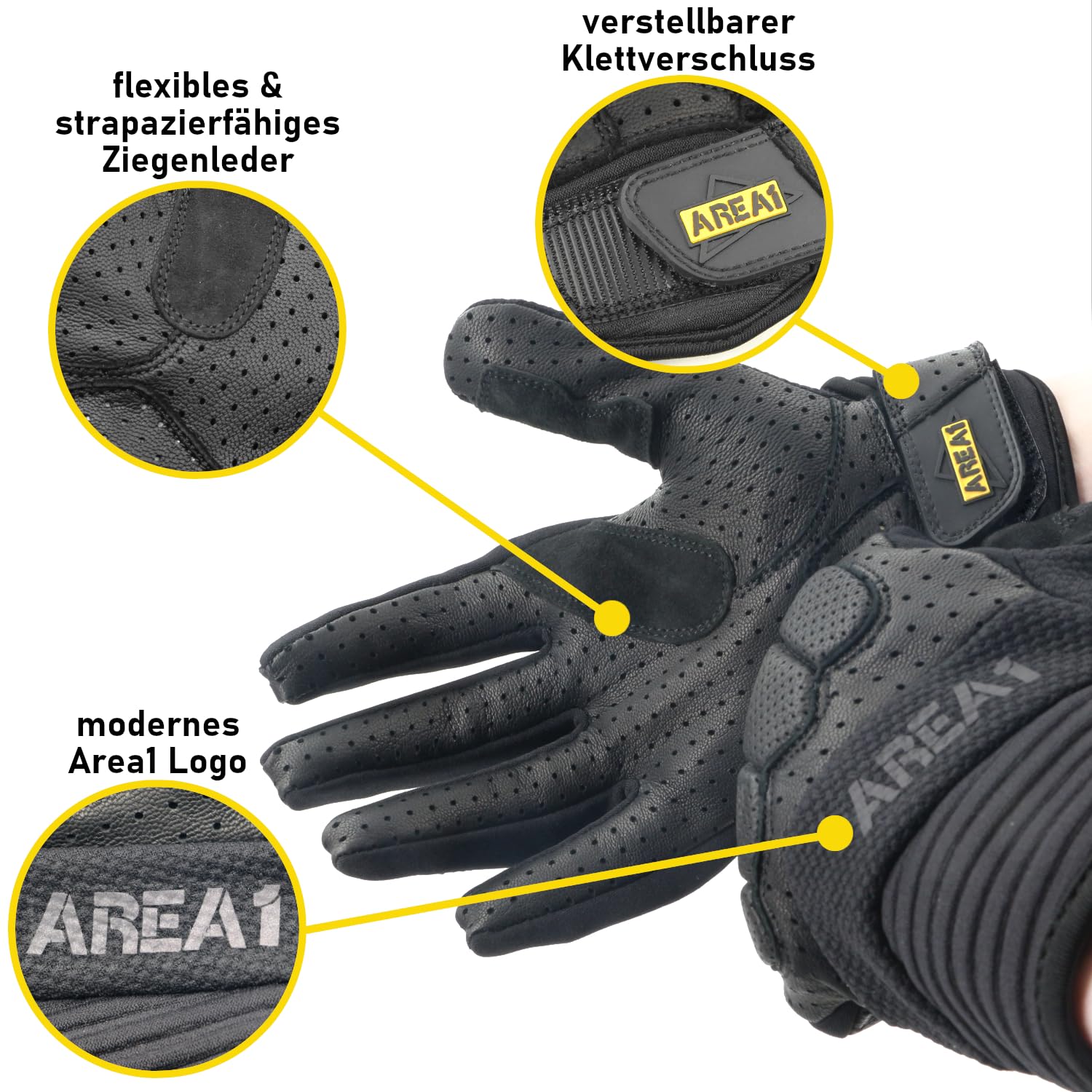 Area1 Motorradhandschuhe Leder mit Kevlar® Verstärkung, Atmungsaktiv, Knöchelschutz, rutschfeste Innenfläche – Sommer Motorrad Handschuhe Herren Damen Schwarz (Größe M-XXL)