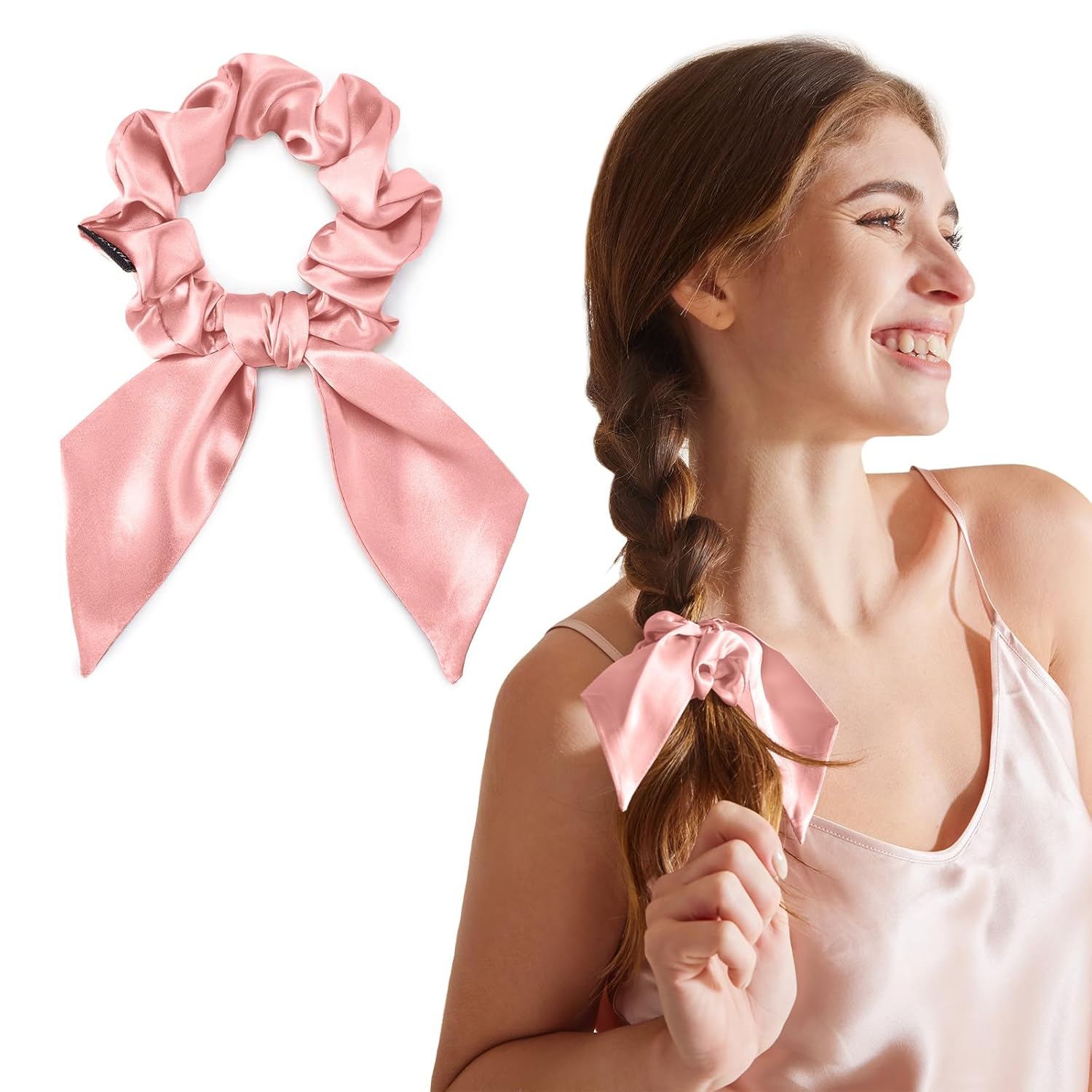 THXSILK 100% 25 Momme Pure Mulberry Silk Hair Scrunchies with Bow 3 Pcs Medium Cute Ring Ties Skinny Elastics Natural Materials Soft Smooth for Girls Women's Thick Hair Drak Color Accessories, 3.5"