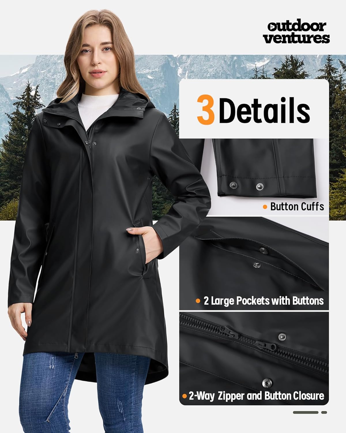 Outdoor Ventures Women's Waterproof Long Rain Jackets Lightweight Rain Coats with Hood Trench Coats PU Windbreaker - Image 6