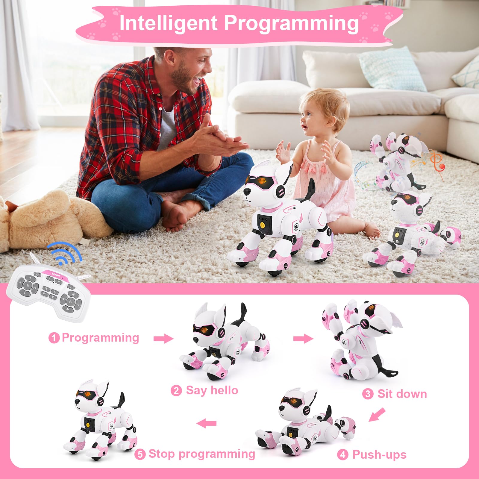 GuKKK Robot pies zdalnie sterowana zabawka dla dzieci, zdalne sterowanie dla zwierząt domowych, programowalny robot, zabawka dla psa, sterowanie gestami, interaktywny dotyk, muzyka taneczna, imitacja