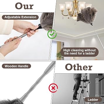 Feather Duster Extendable 35-110cm Ostrich Feather Dusters For Cleaning | Long Duster For High Ceilings,Lamps, Cabinets, Furniture, Long Handled Duster, Telescopic Duster For Cars, Window