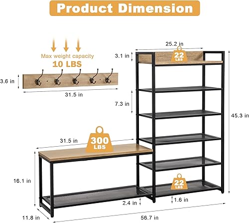 Miniatura 4 de SUNTAGE Juego de 6 estantes para zapatos, banco de entrada con 6 ganchos, perchero, árbol de pasillo y almacenamiento de zapatos para entrada,