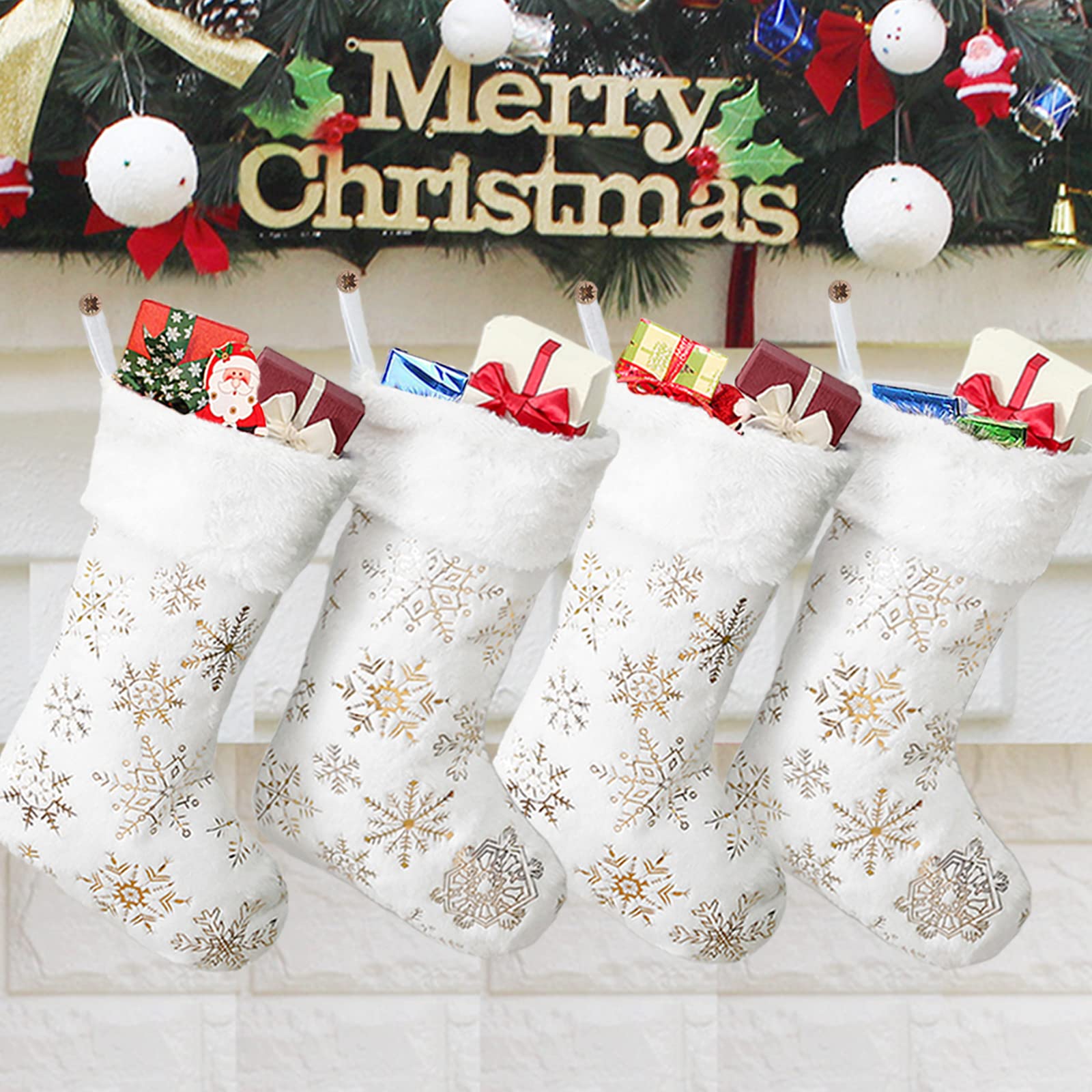 LiHoota Christmas Stockings Large 18 inches 4 Pcs - Plush Faux Fur Xmas Stocking with Golden Snowflake, for Family Holiday Personalized Party Decorations