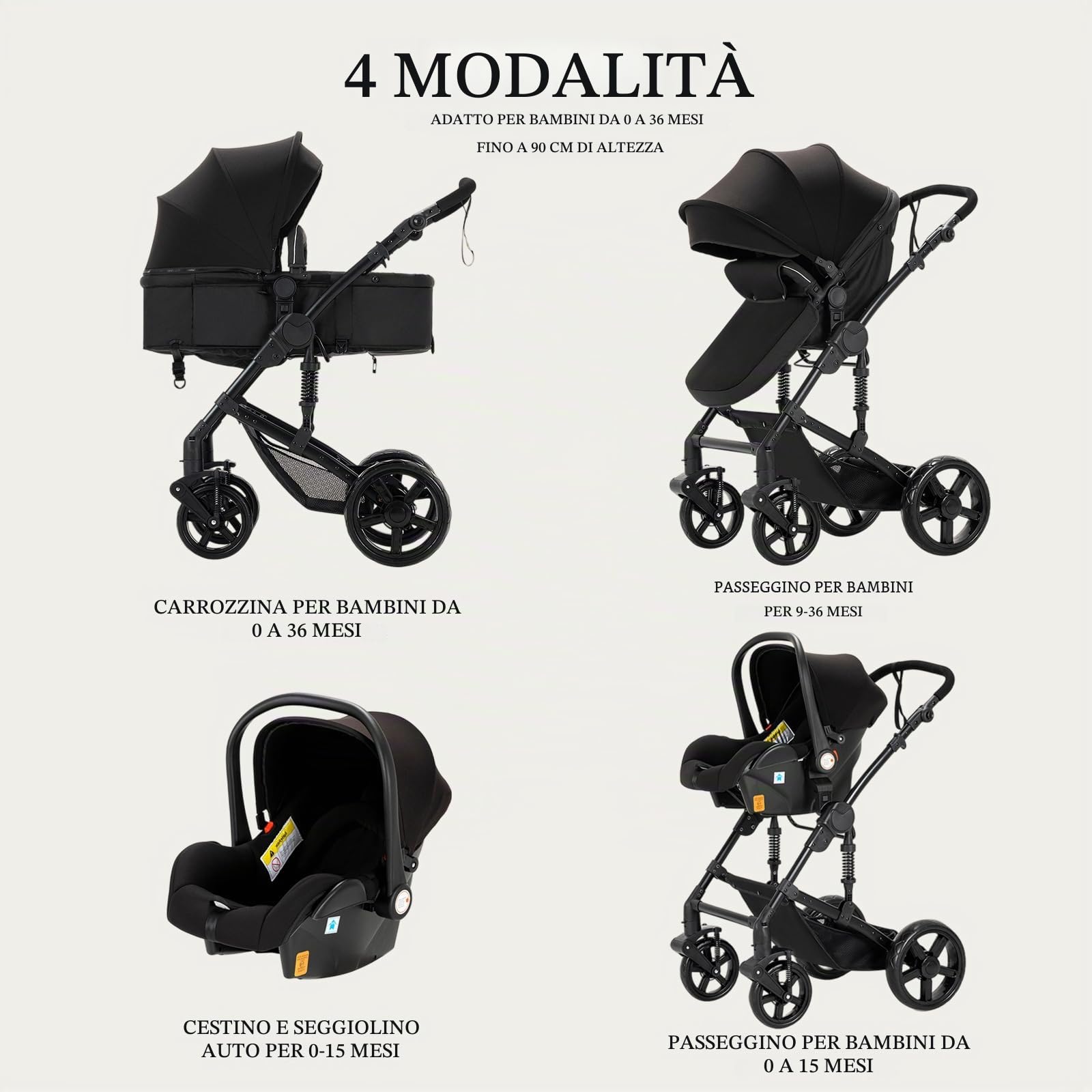 Passeggino trio Passeggino 3 in 1 carrozzina neonati navicella | Pieghevole, sedile reclinabile, marcia bidirezionale, cinture a 5 punti, portata 0-25 kg, 0-4 anni