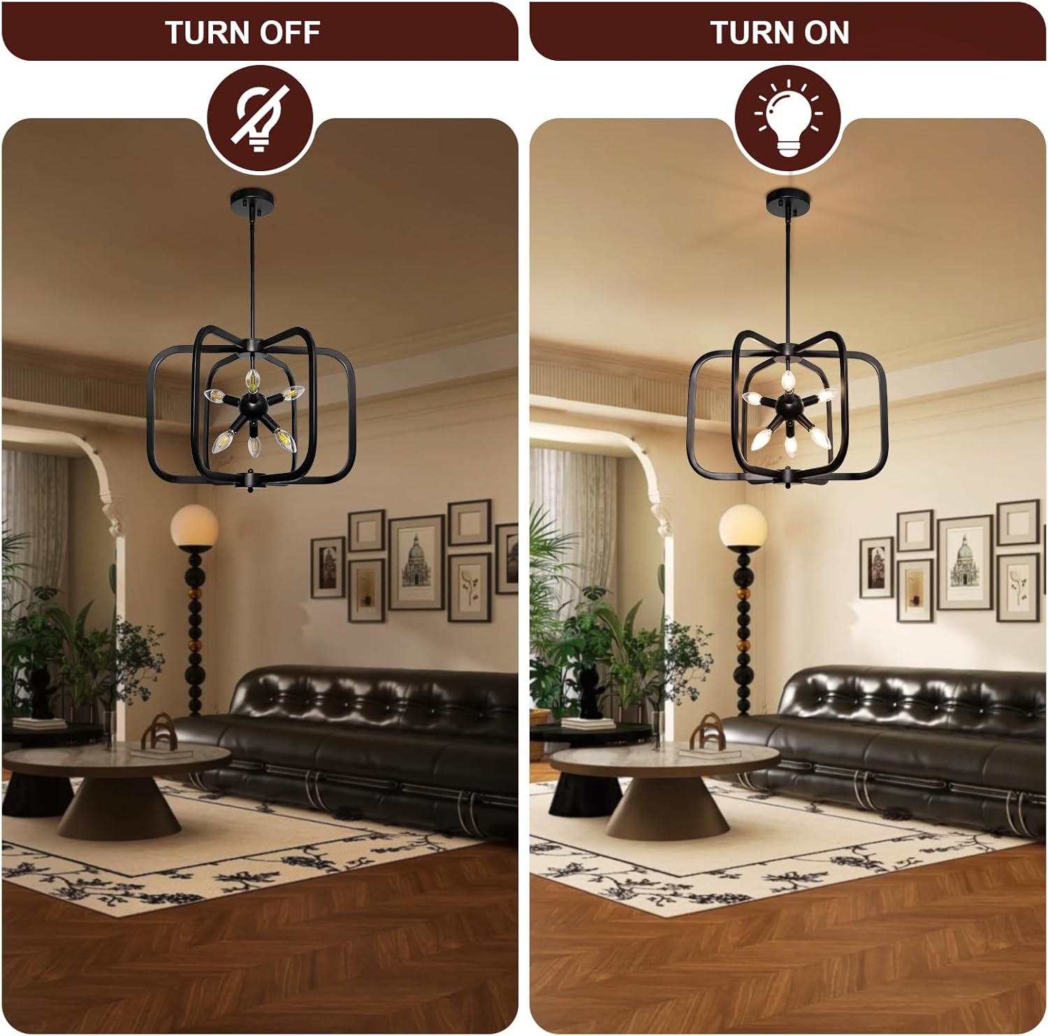 Modern Black Chandelier for Dining Room, 6-Light Geometric Metal Farmhouse Chandelier, Hanging Industrial Ceiling Pendant Light for Kitchen Island Entryway Foyer Bedroom Stairway