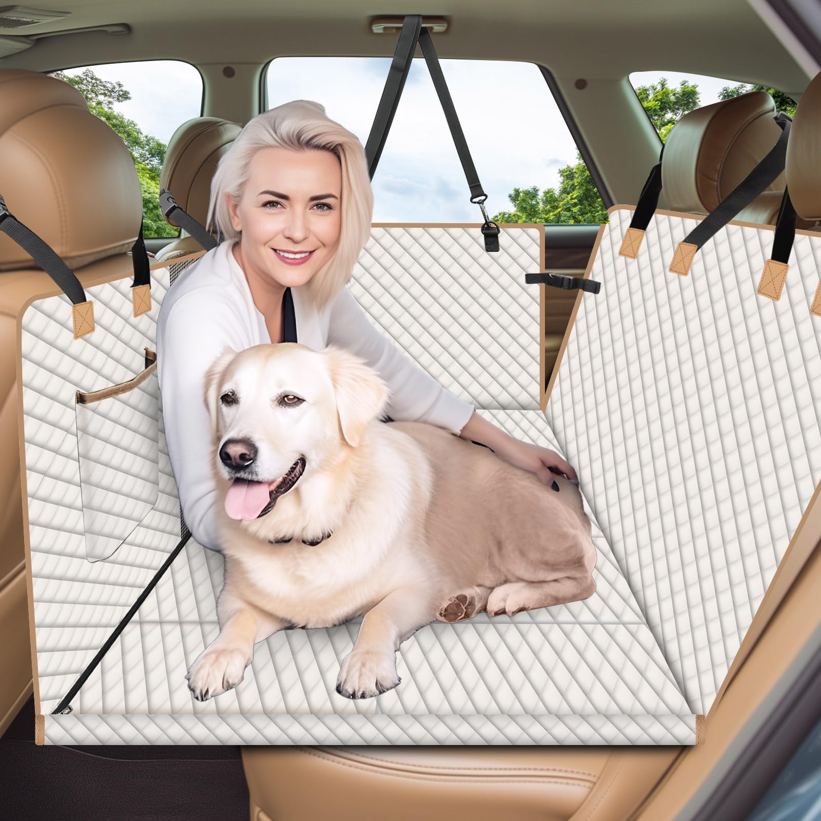 Lekespring Coprisedile Auto per Cani, Estensore per Sedile Posteriore per Cani con Fondo Rigido, Telo Auto per Cani Impermeabile Antigraffiato, Lettino Viaggio per Auto Camion SUV, Beige