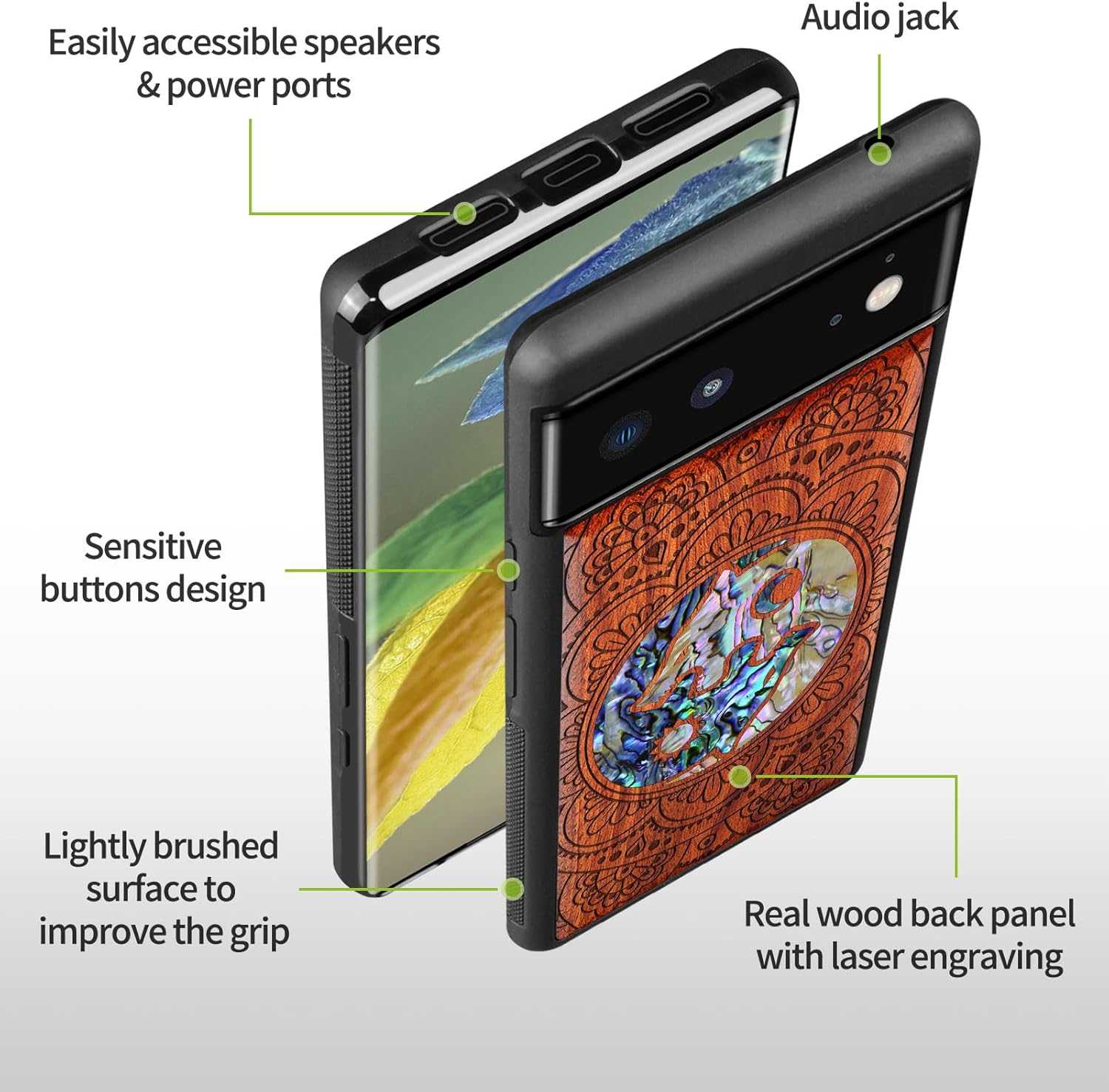 Carveit Designer Wooden Case for Google Pixel 6 Case Protective Cover [Wood Engraving & Shell Inlay] Compatible with Wireless Chargers Pixel 6 (Shell Yin Yang Wolf-Rosy)