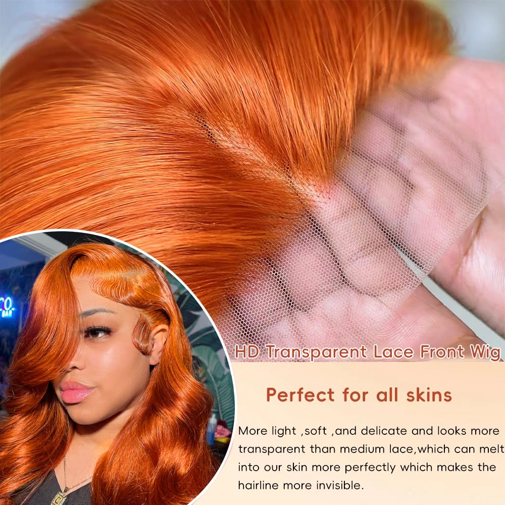 Ginger Lace Front Wigs Human Hair Pre Plucked 200 Density Ginger Wig Human Hair 12A HD Ginger Orange 13x4 Body Wave Frontal Wig 88J Colored Glueless Wigs Human Hair 22 Inch