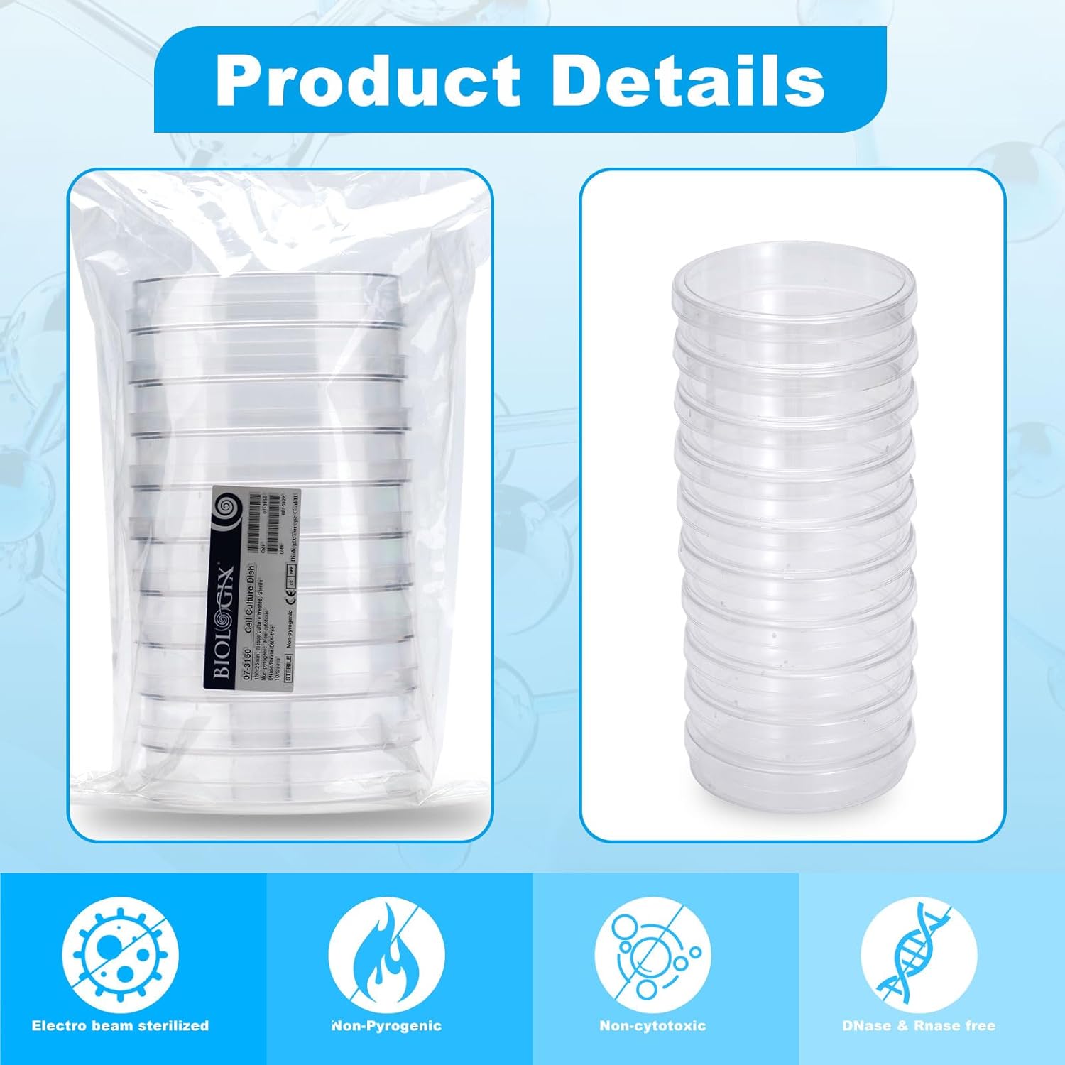 Cell Culture Dishes, 150×25mm Sterile,TC Treated, 35ml Working Volume, Stackable, Tissue Culture Treated, Pack of 120
